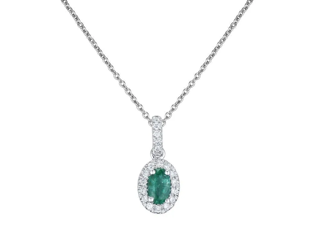 18ct White Gold 0.25ct Oval Cut Emerald And 0.09ct Diamond Halo Drop Necklace