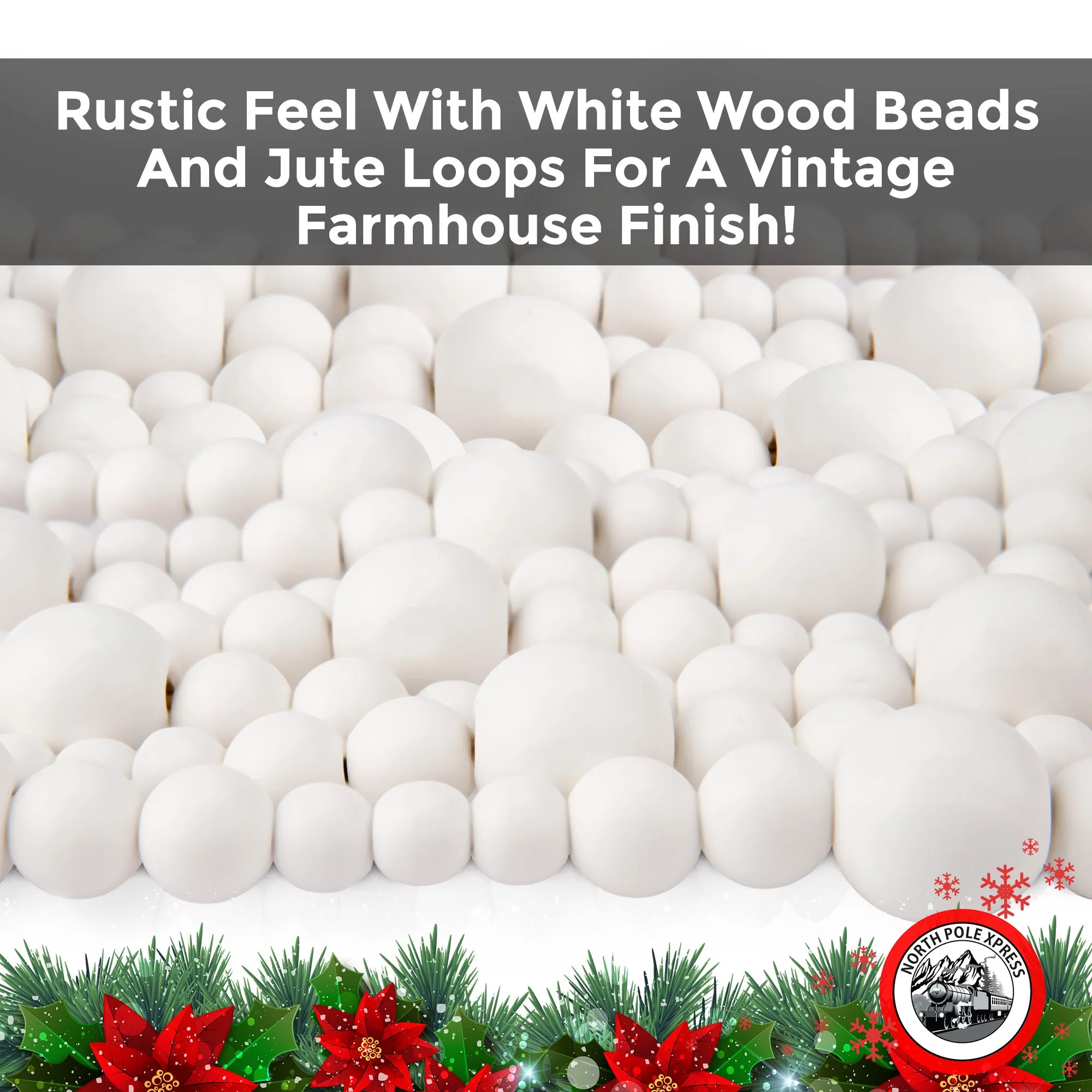 9 Foot White Wood Bead Ball Christmas Garland