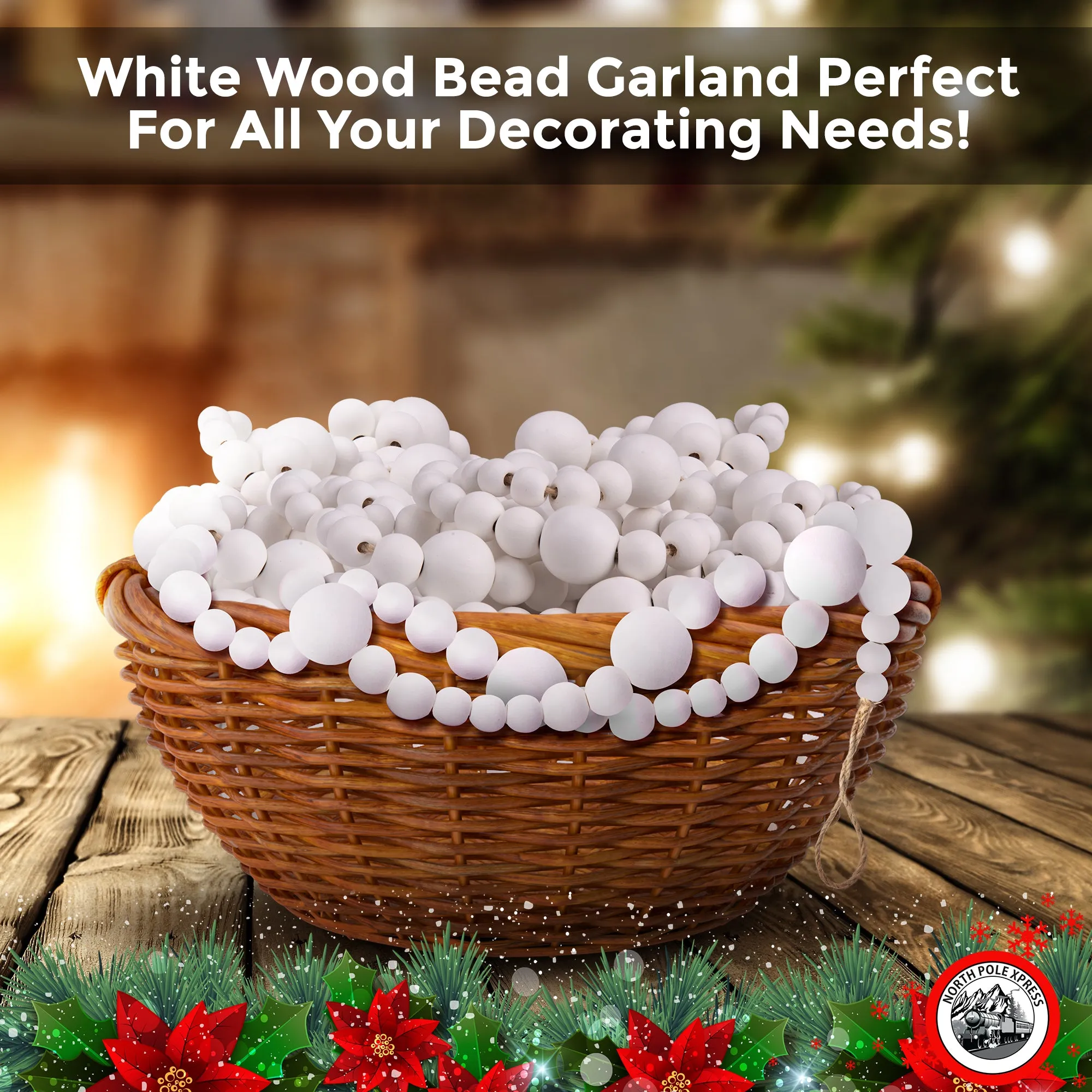 9 Foot White Wood Bead Ball Christmas Garland