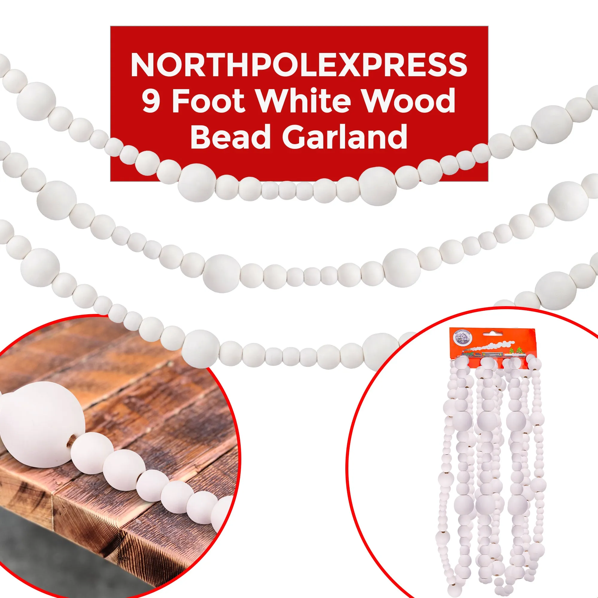 9 Foot White Wood Bead Ball Christmas Garland