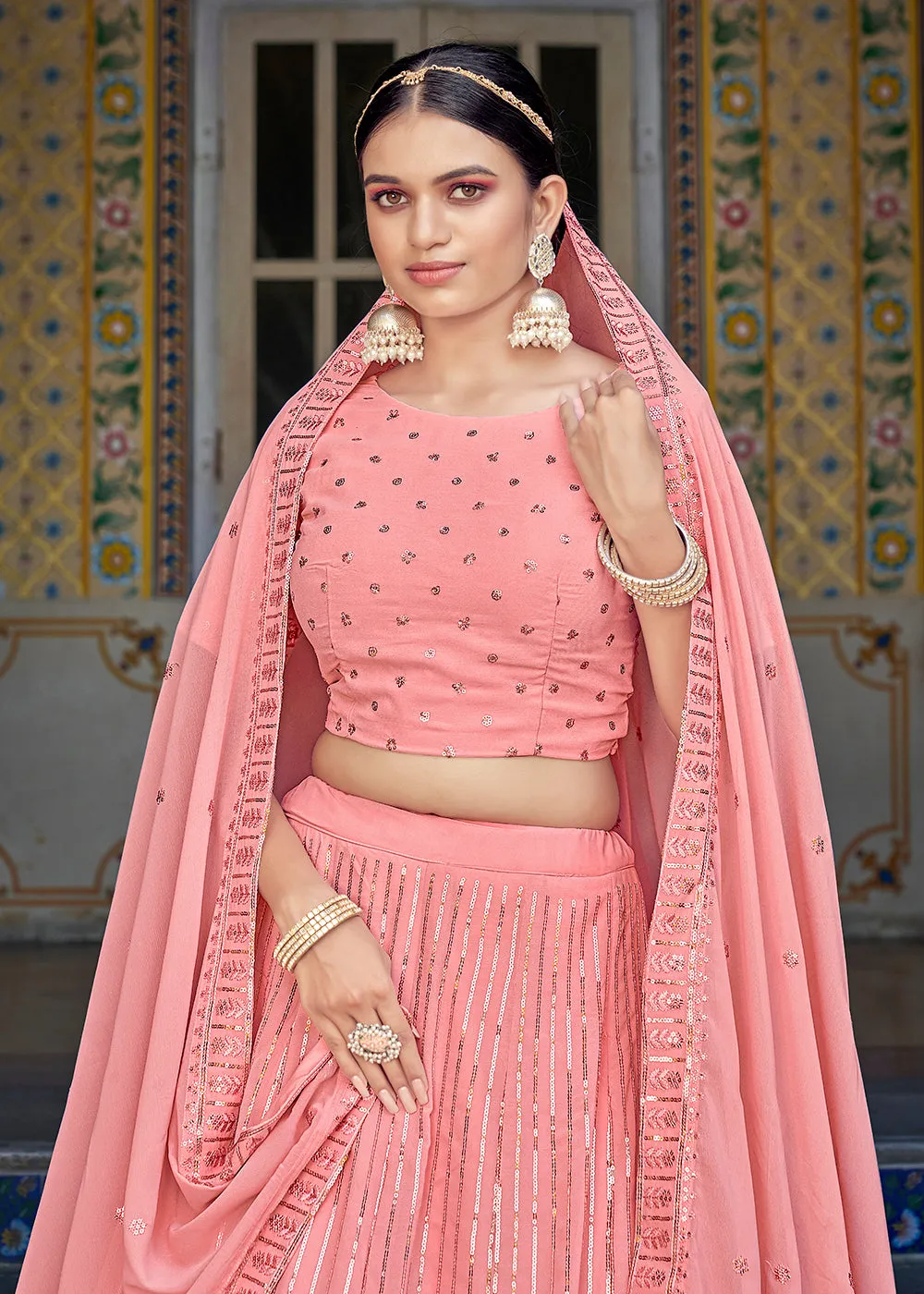 A Line Pink Trendy Sequins Embroidered Wedding Lehenga