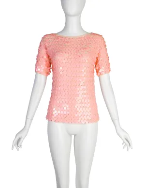 Anne Rubin Vintage 1960s Baby Pink Plastic Paillette Embellished Crochet Sweater