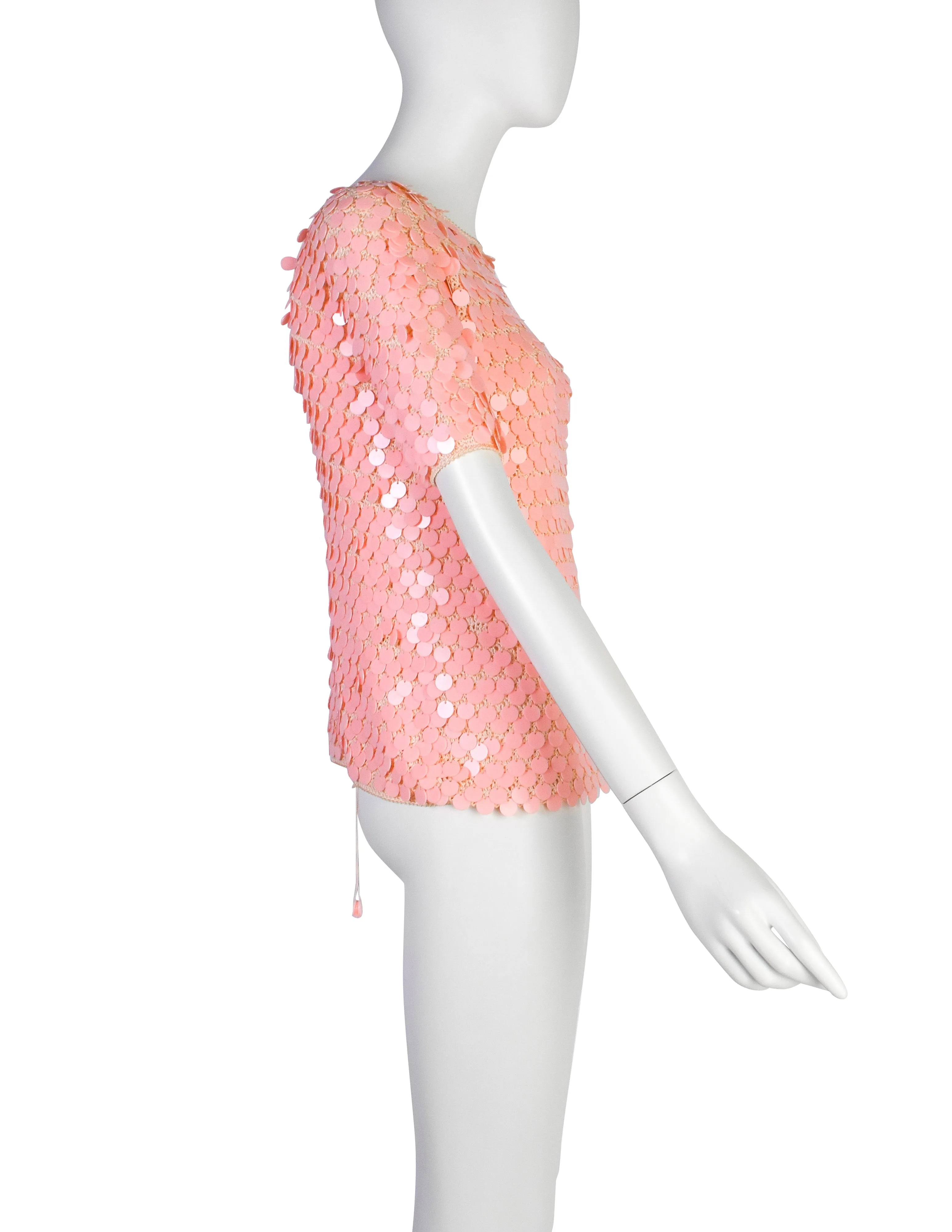 Anne Rubin Vintage 1960s Baby Pink Plastic Paillette Embellished Crochet Sweater