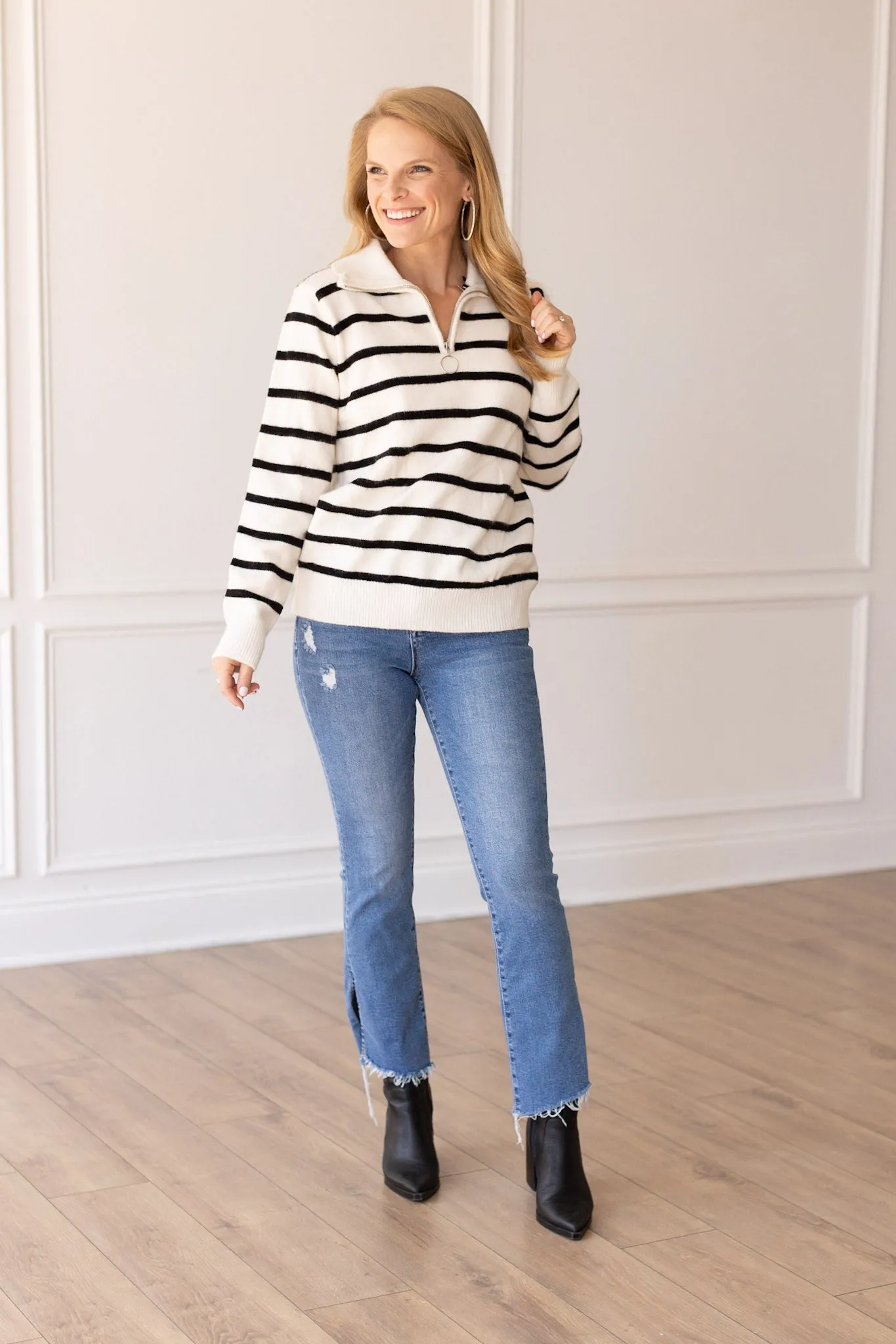 (AS IS) Black and White Stripe Quarter Zip Sweater