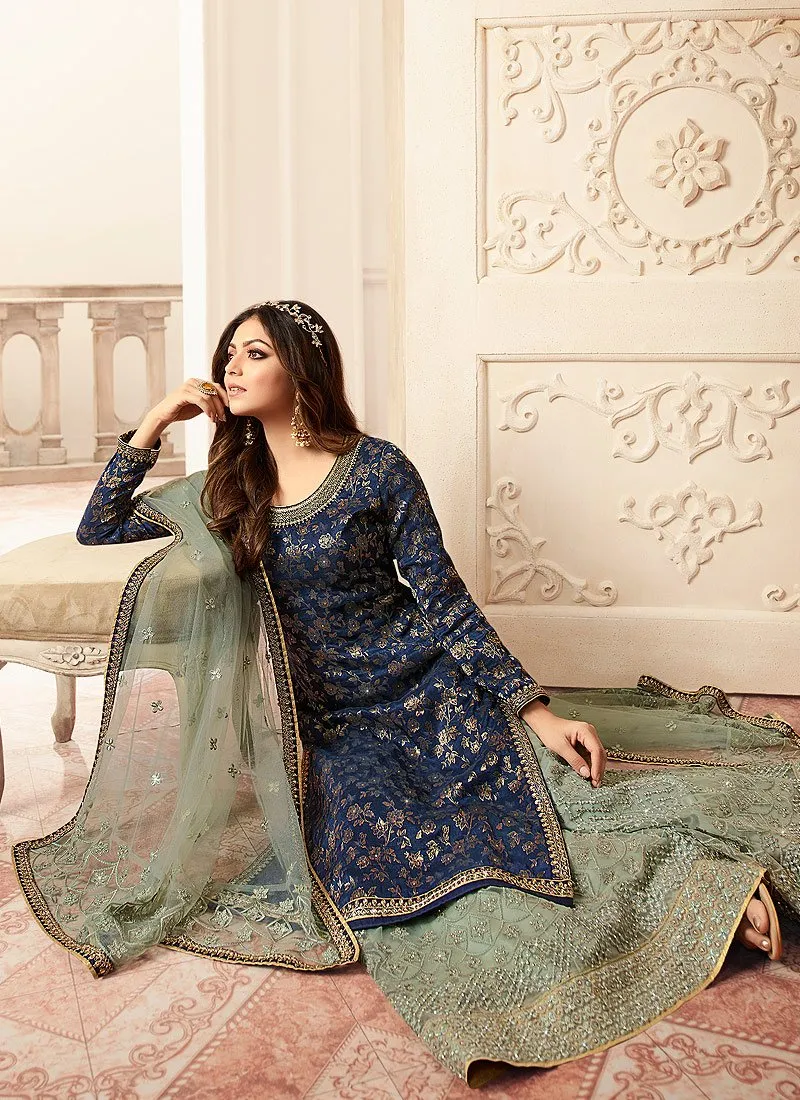 Attractive Blue Embroidered Designer Jacquard Sharara Suit