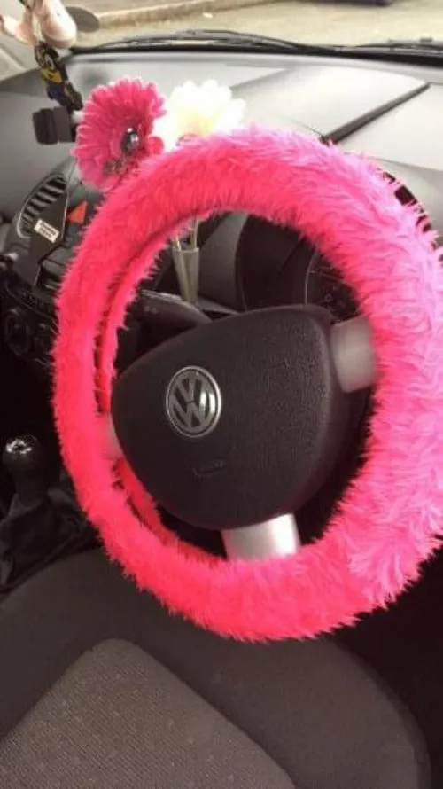 Barbie Pink fuzzy faux fur car steering wheel cover