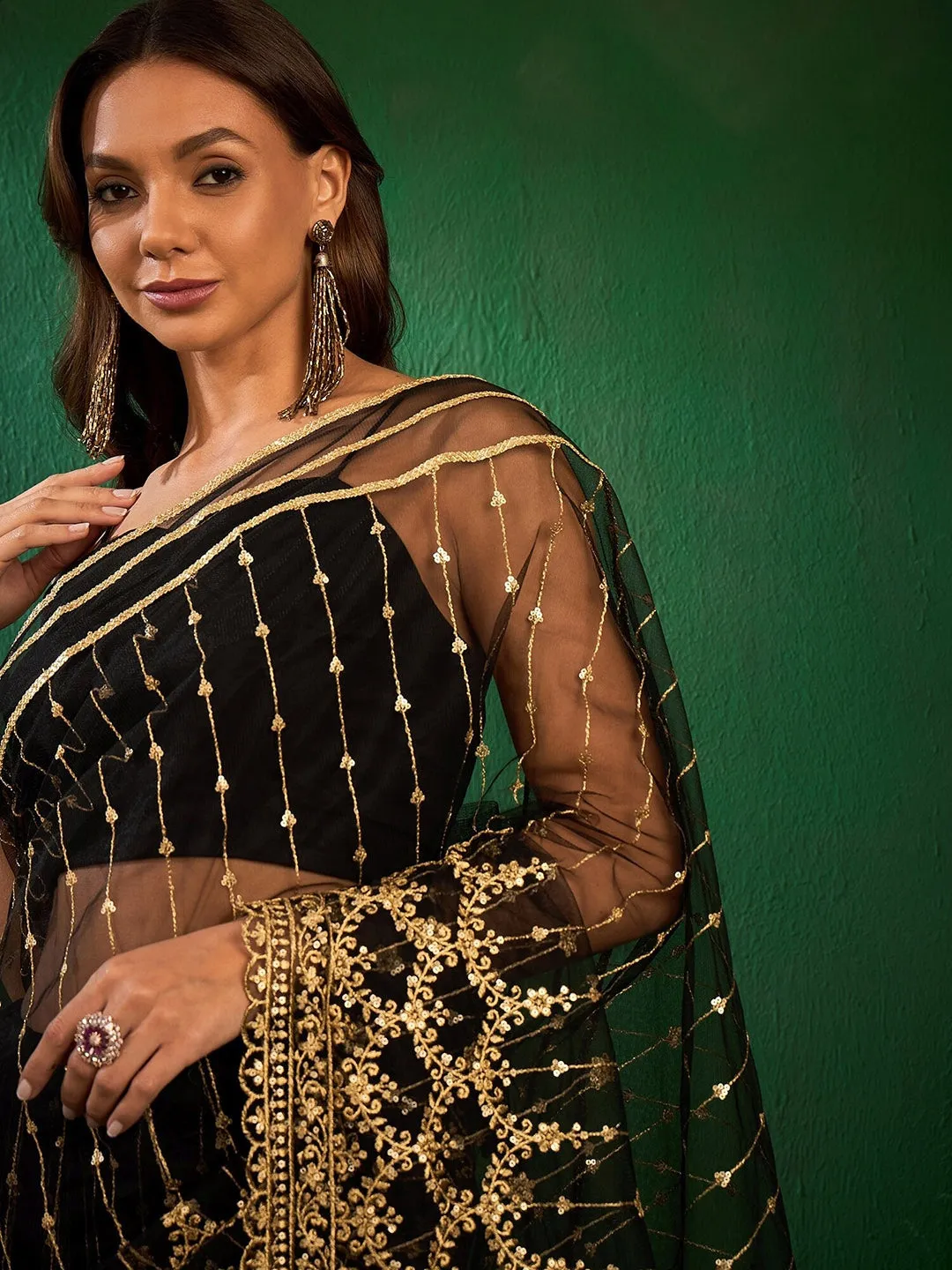 Black Floral Sequinned Embroidered Saree