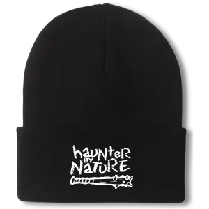 Black Knit Cuffed Beanie with Embroidered 'Haunter by Nature' – Halloween Design