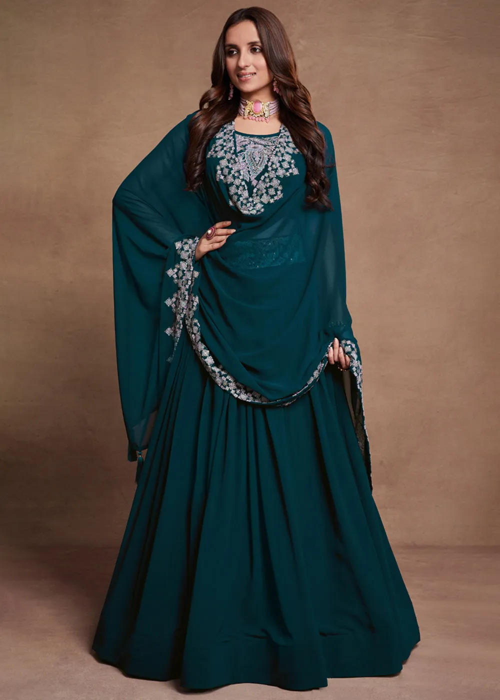 Blooming Georgette Teal Blue Embroidered Festive Lehenga Choli