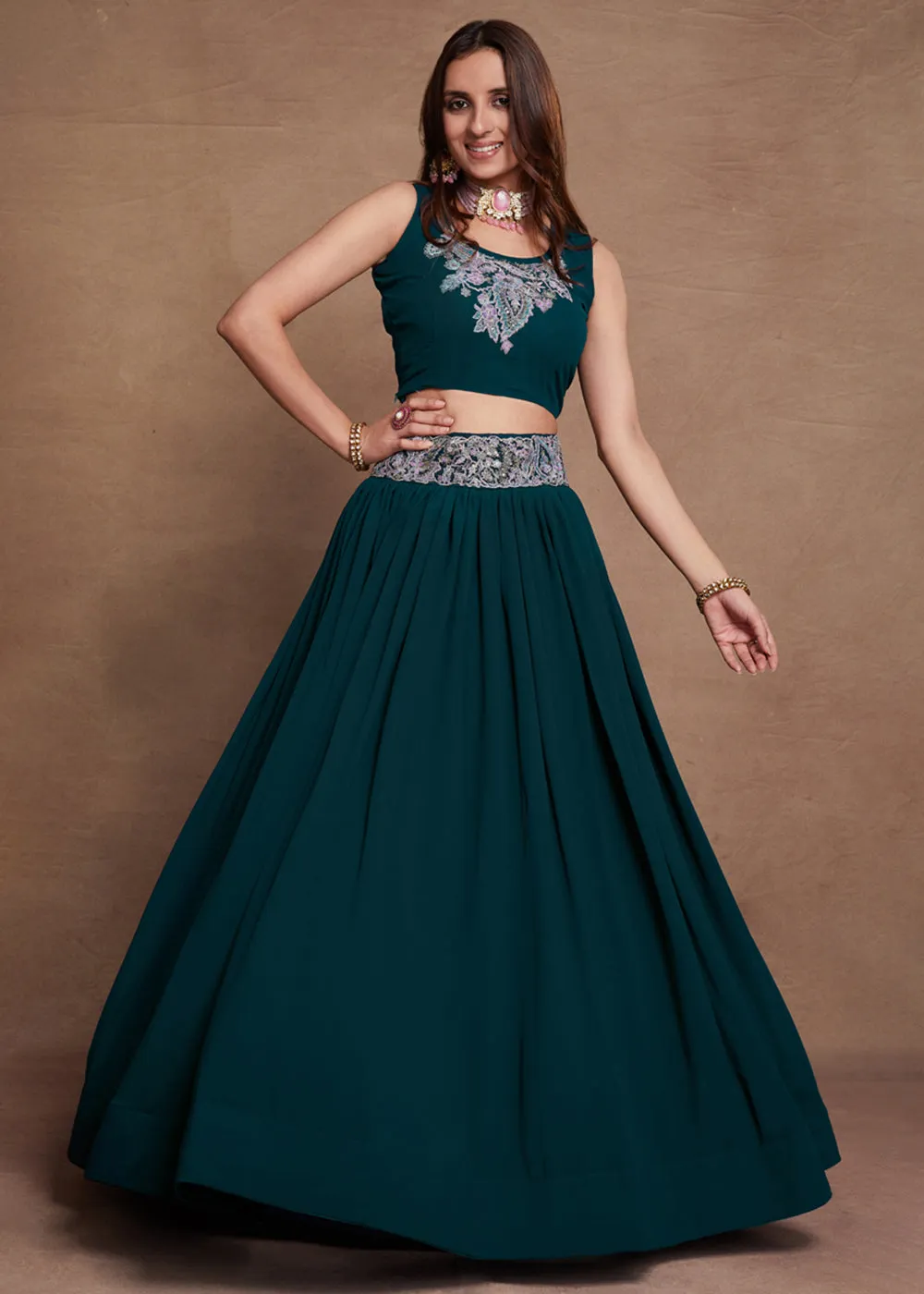 Blooming Georgette Teal Blue Embroidered Festive Lehenga Choli