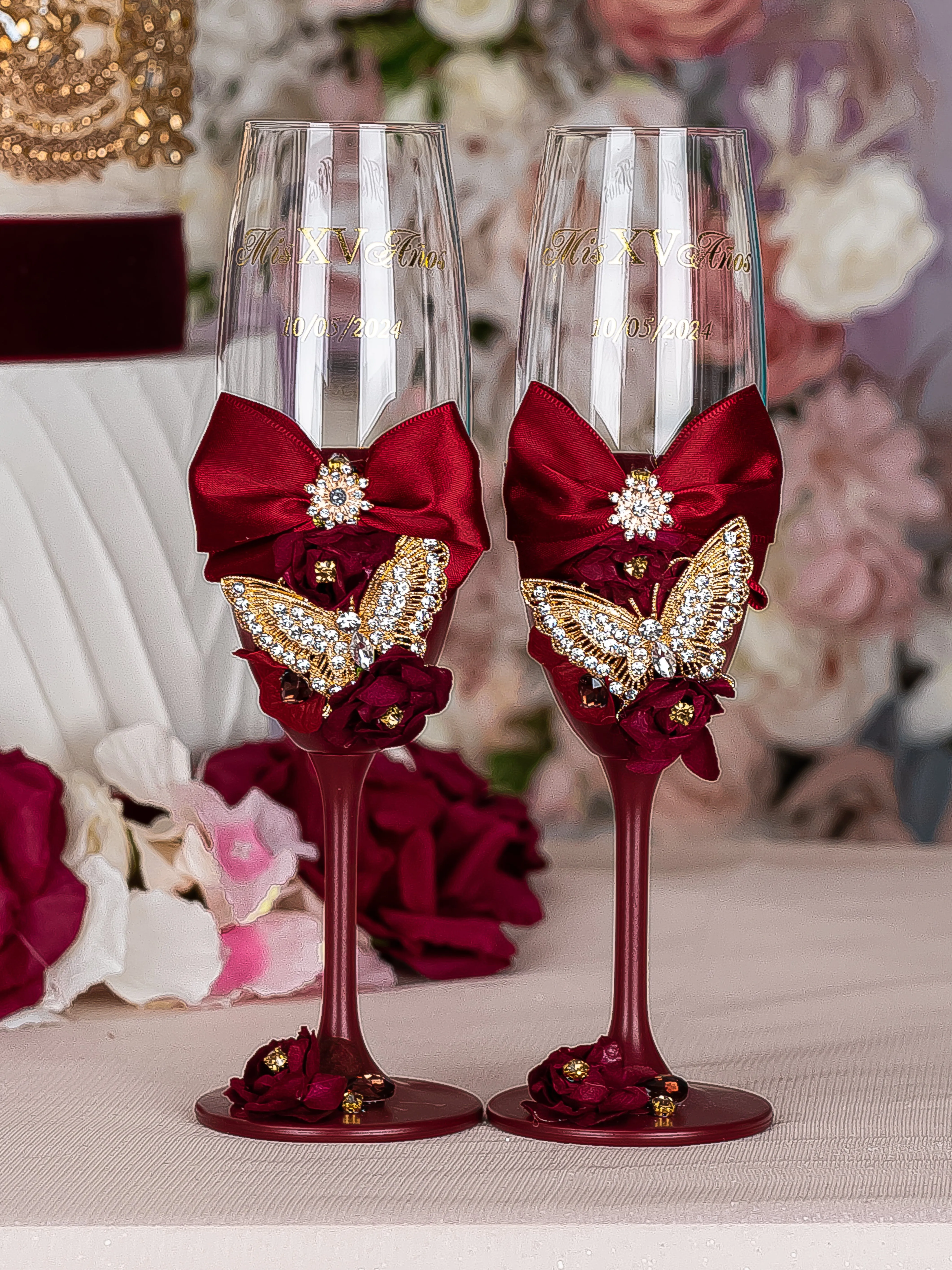 Burgundy with butterflies 2 quinceanera champagne glasses