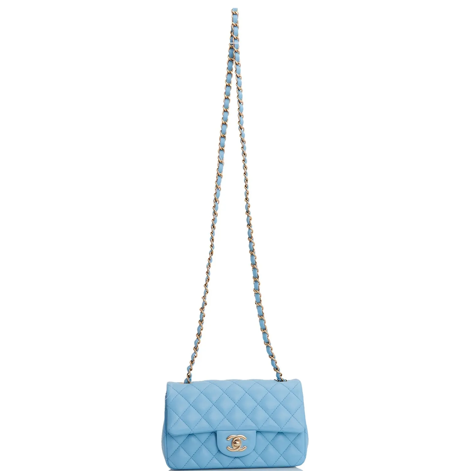 Chanel Mini Rectangular Flap Bag Blue Lambskin Light Gold Hardware