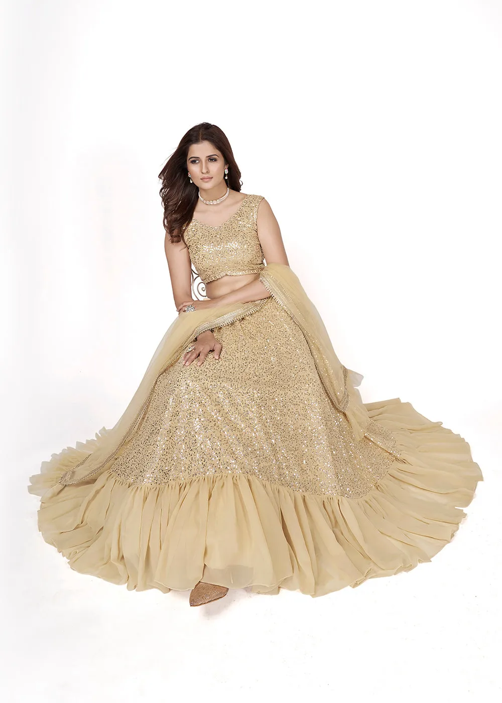 Cream Multi Sequins Embroidered Party Wear Lehenga Choli