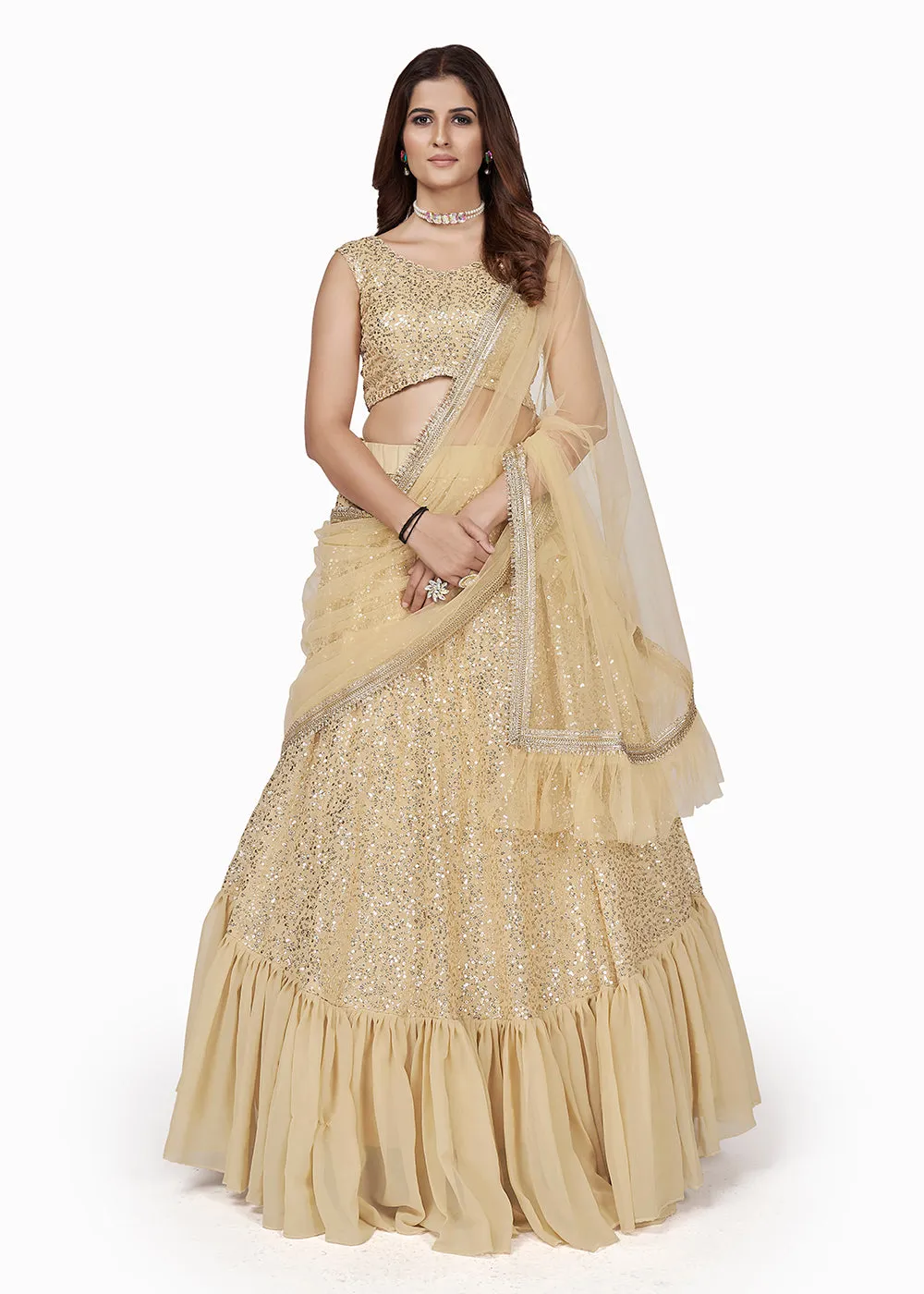 Cream Multi Sequins Embroidered Party Wear Lehenga Choli