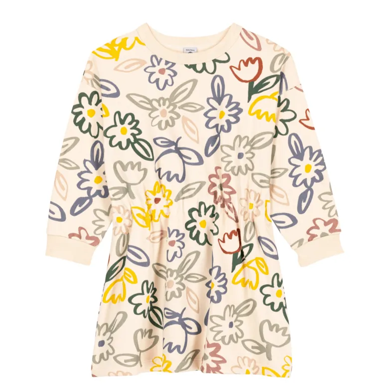 Cream Multicolor Long Sleeve Graphic Flowers Dress