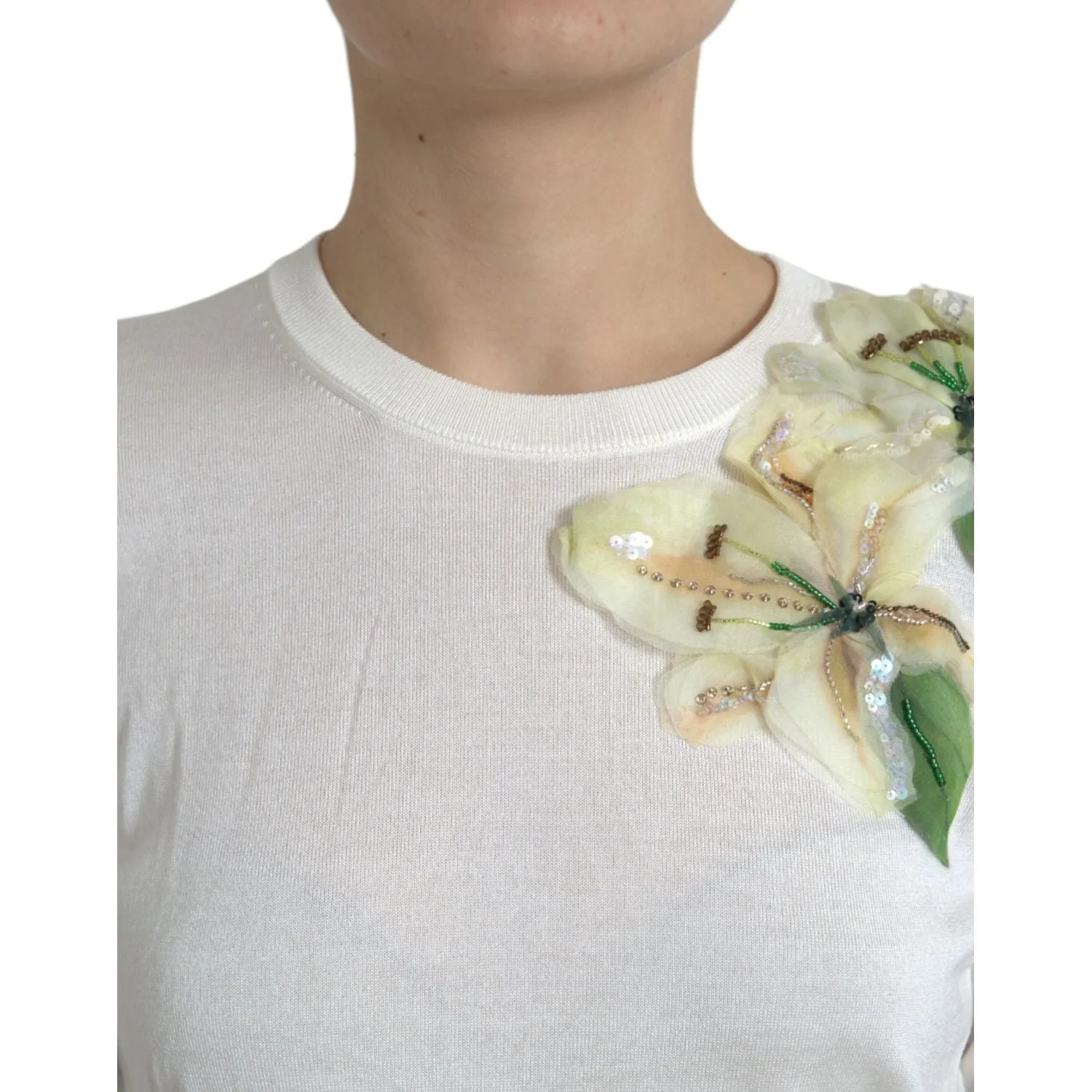 Dolce & Gabbana Silk Floral Applique Pullover Sweater