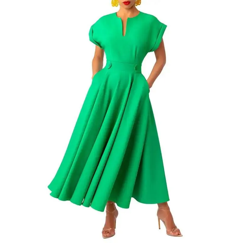 Elegance Retro Style V-neck Sleeve Waist-tight Dress