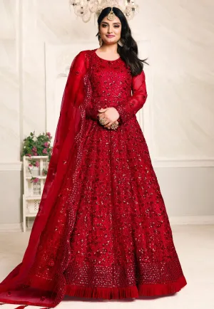 Engaging Red Net Embroidered Abaya Style Anarkali Suit