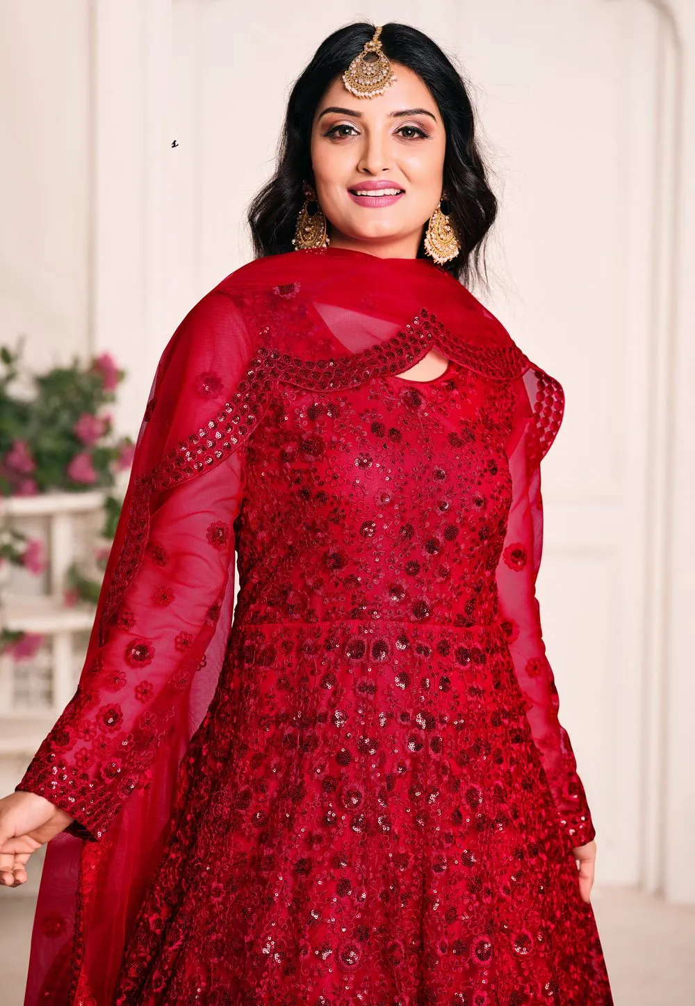 Engaging Red Net Embroidered Abaya Style Anarkali Suit