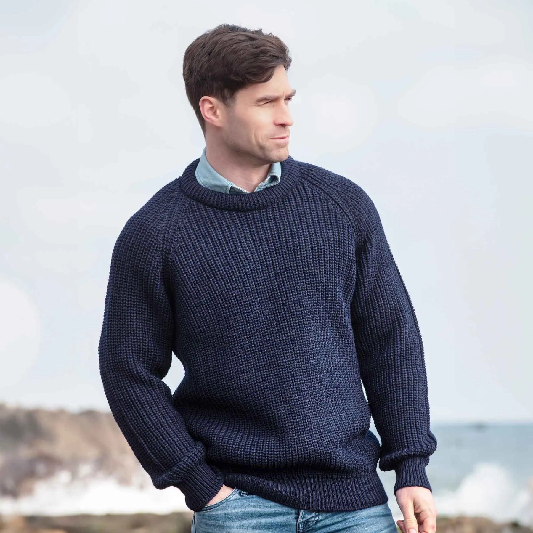 Fisherman Rib Crewneck Wool Sweater