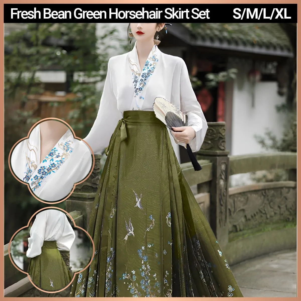 Fresh Bean Green Chinese Style  Horse Face Skirt Set