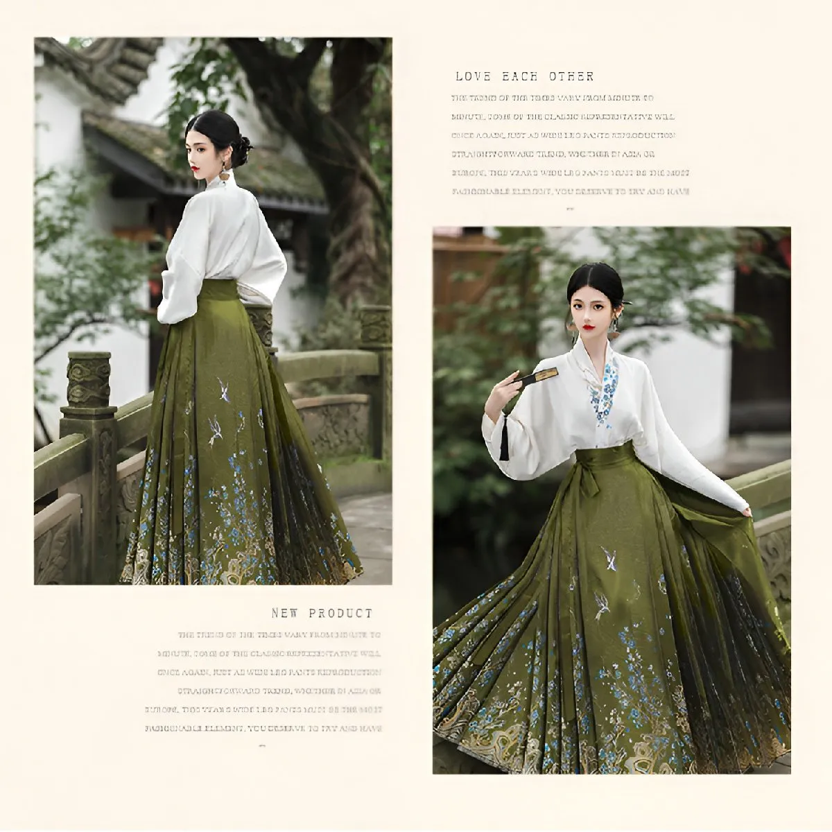 Fresh Bean Green Chinese Style  Horse Face Skirt Set