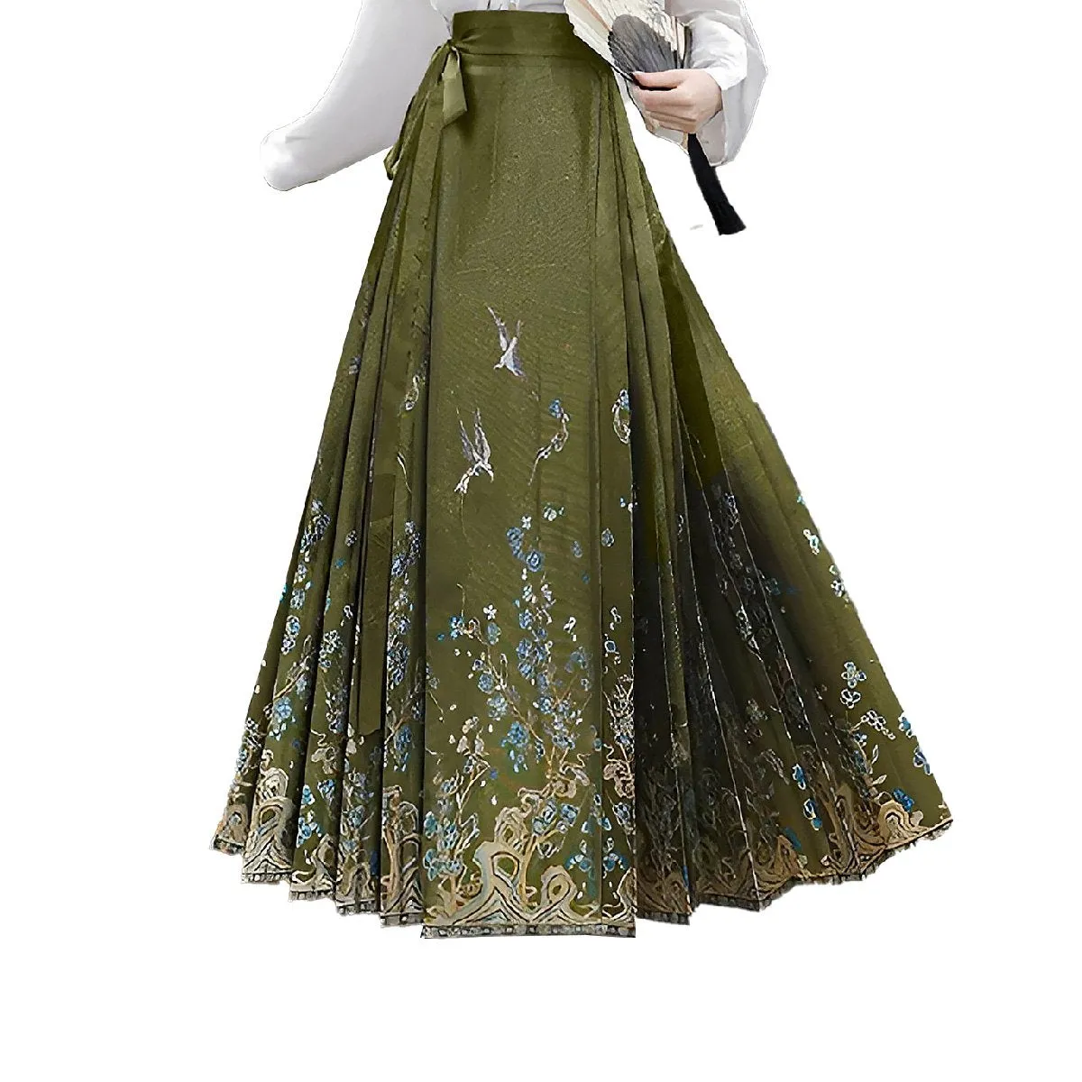 Fresh Bean Green Chinese Style  Horse Face Skirt Set