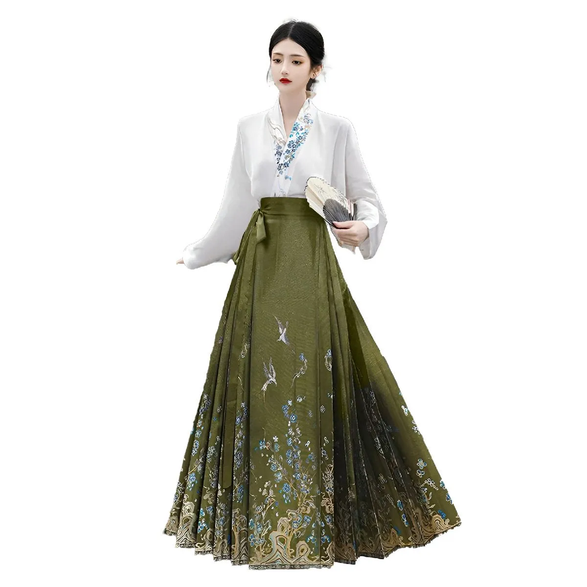 Fresh Bean Green Chinese Style  Horse Face Skirt Set