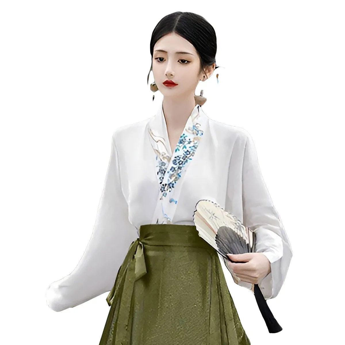 Fresh Bean Green Chinese Style  Horse Face Skirt Set