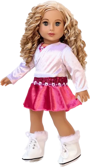 Ice Skating Girl - Clothes for 18 inch Doll - 2 in 1 Set - Hot Pink Leotard with Skirt, Ivory Warm Up Sweater and a Pair of White Ice Skates