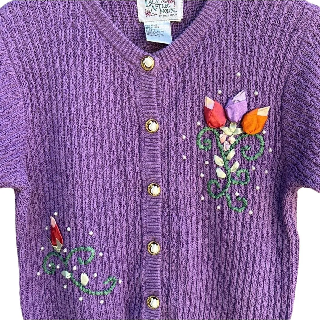 Lacy Afternoon Women's Purple Floral Embroidery Cottage Granny Cardigan Sweater