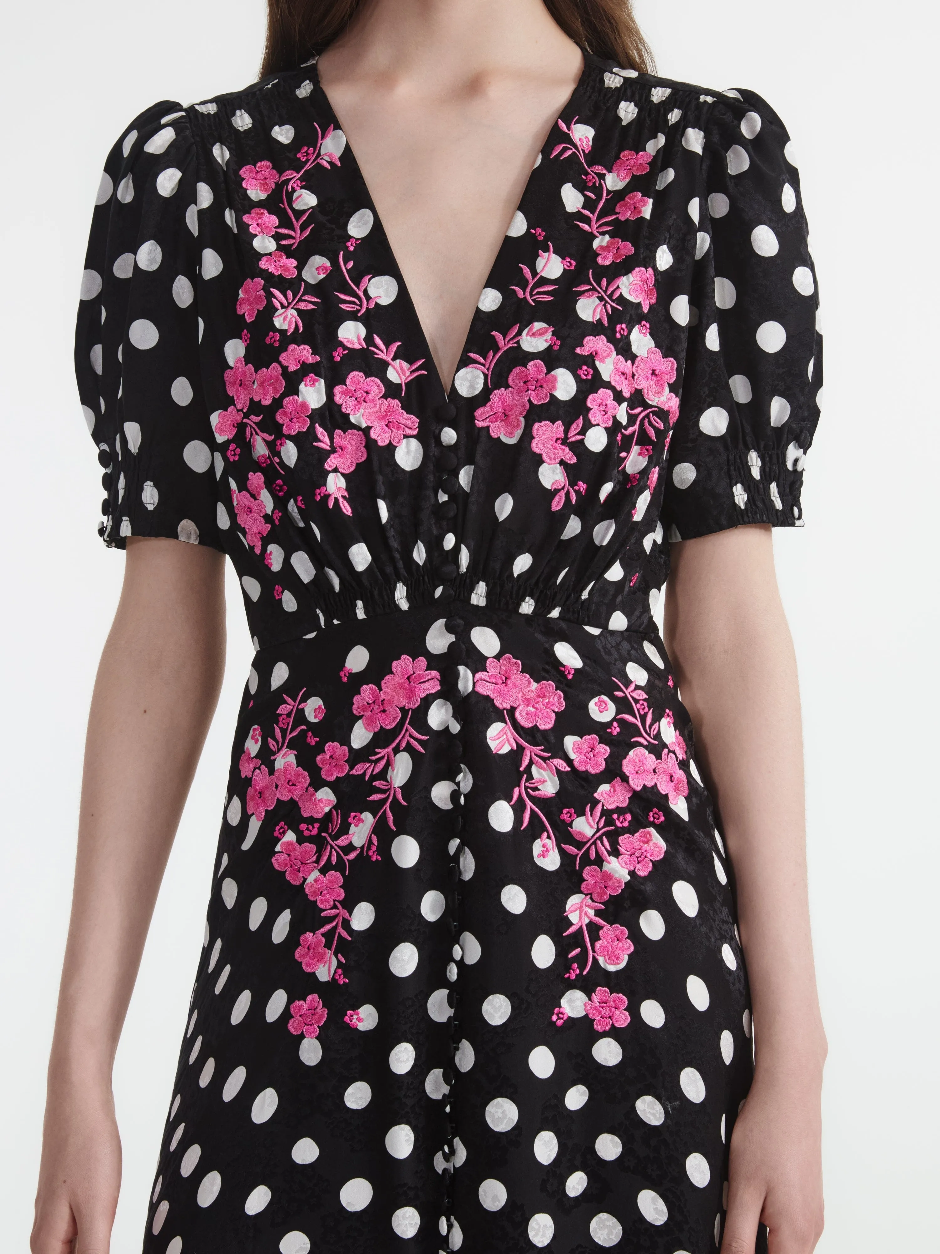 Lea Long Dress in Polka Dot Flower Embroidery