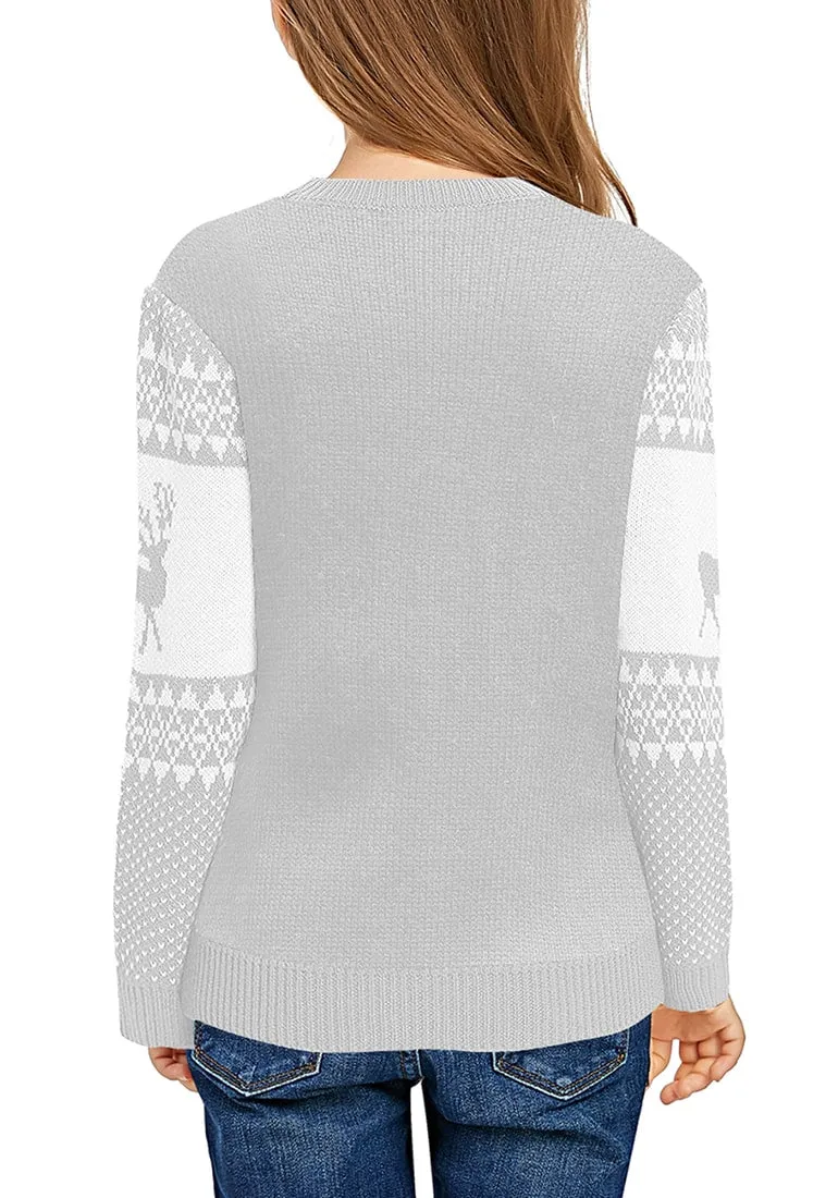 Light Grey Crew Neck Reindeer Girl's Christmas Sweater