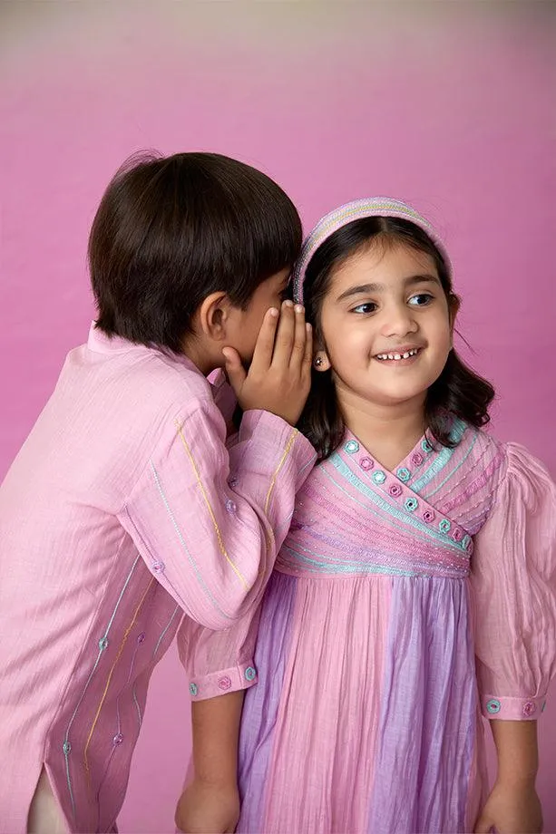 Little Athlete- Orchid Pink Hand Embroidered Kurta & Pants Set for Boys