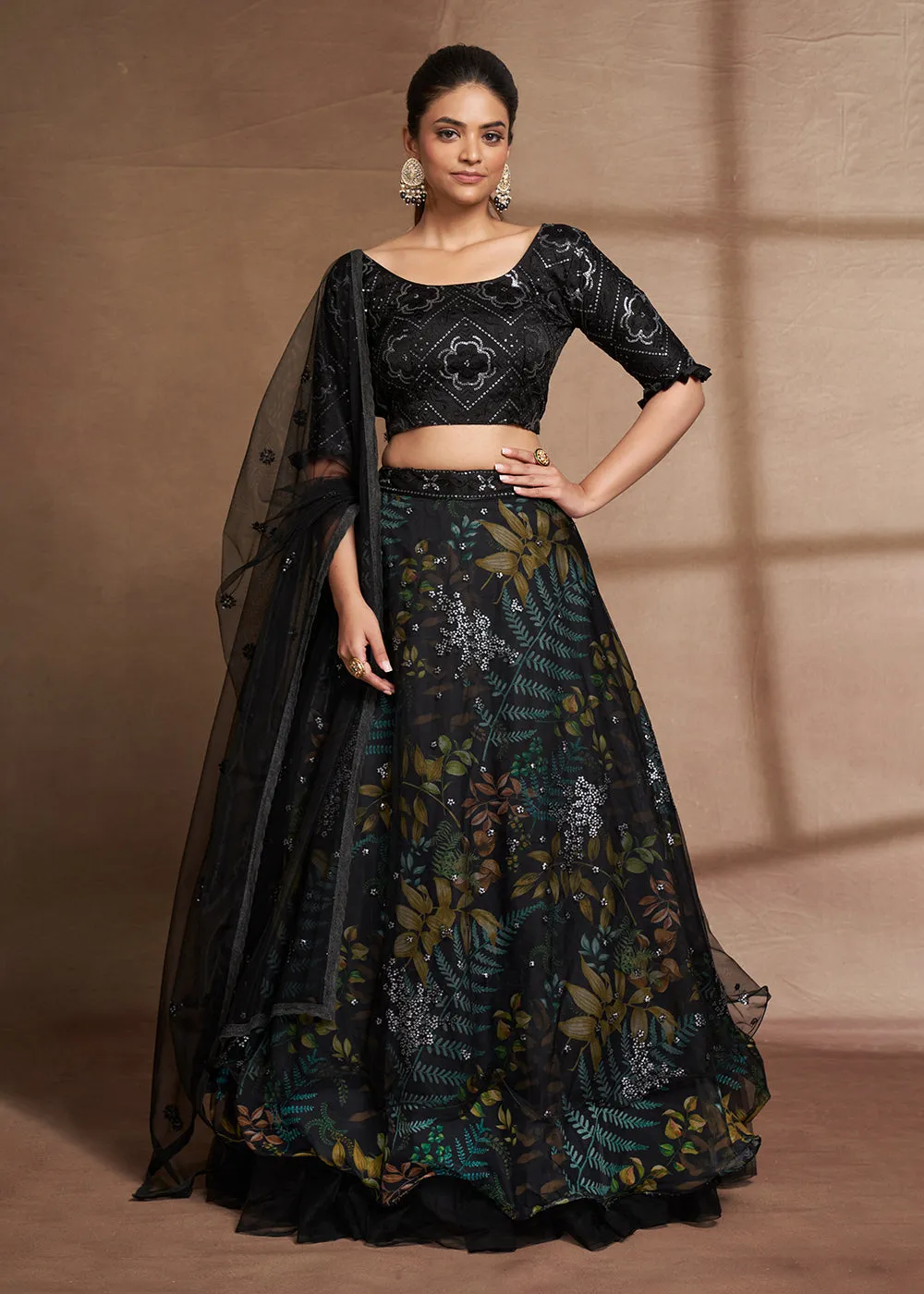 Lovely Black Floral Digital Printed & Embroidered Lehenga Choli