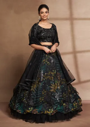 Lovely Black Floral Digital Printed & Embroidered Lehenga Choli