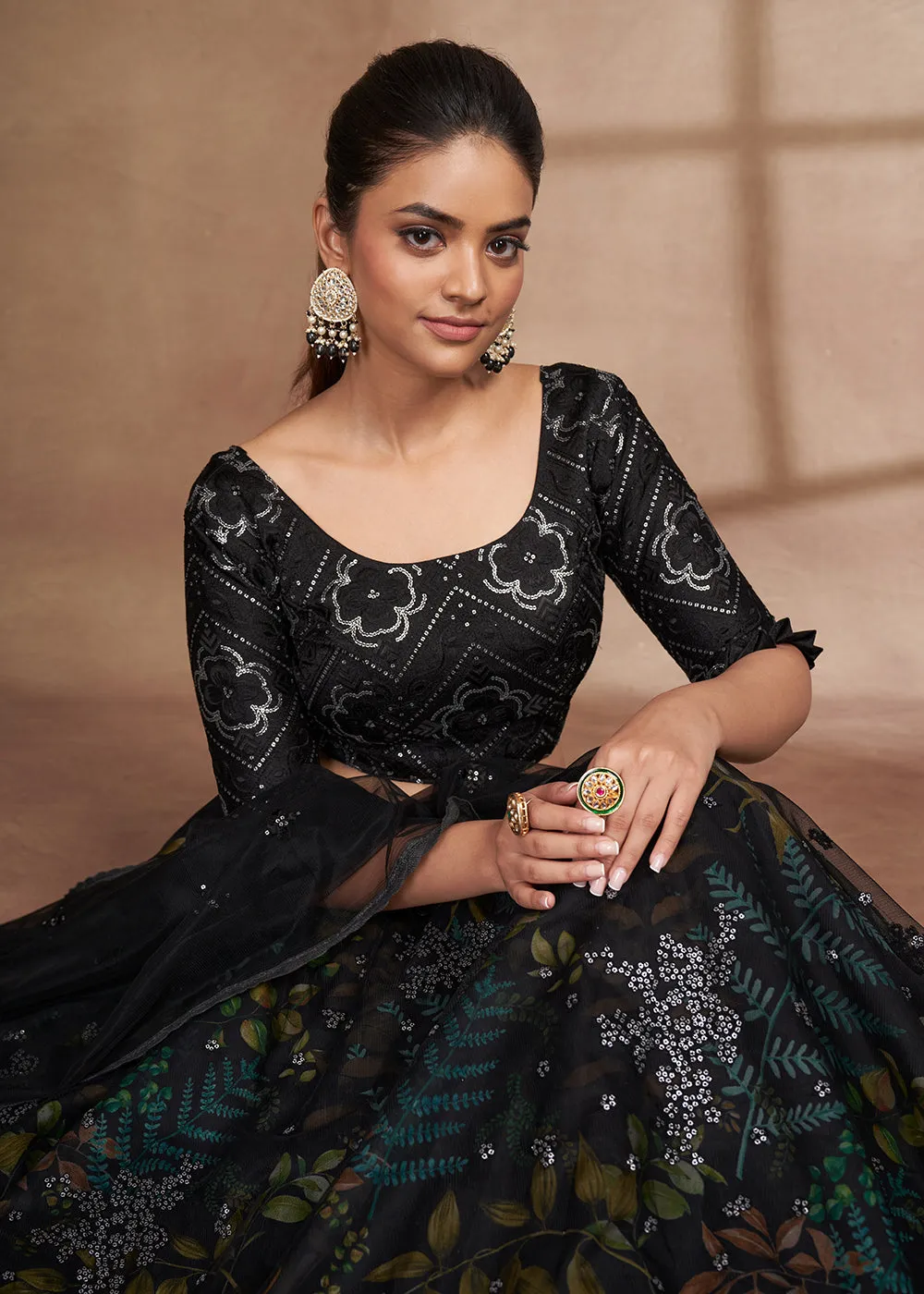 Lovely Black Floral Digital Printed & Embroidered Lehenga Choli