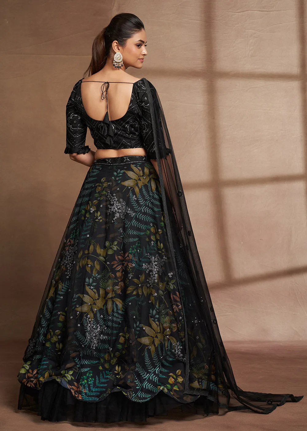 Lovely Black Floral Digital Printed & Embroidered Lehenga Choli