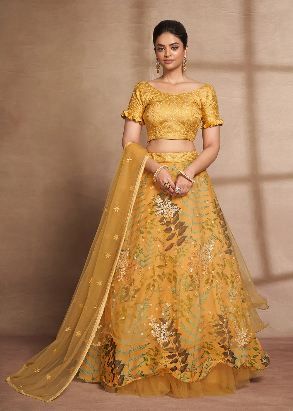 Lovely Yellow Floral Digital Printed & Embroidered Lehenga Choli