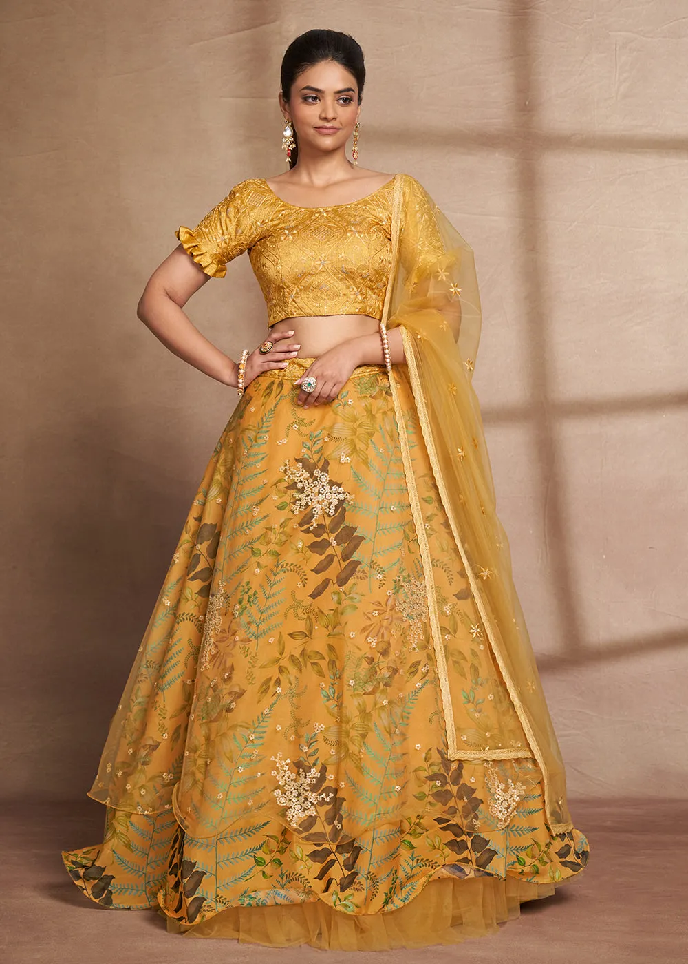 Lovely Yellow Floral Digital Printed & Embroidered Lehenga Choli