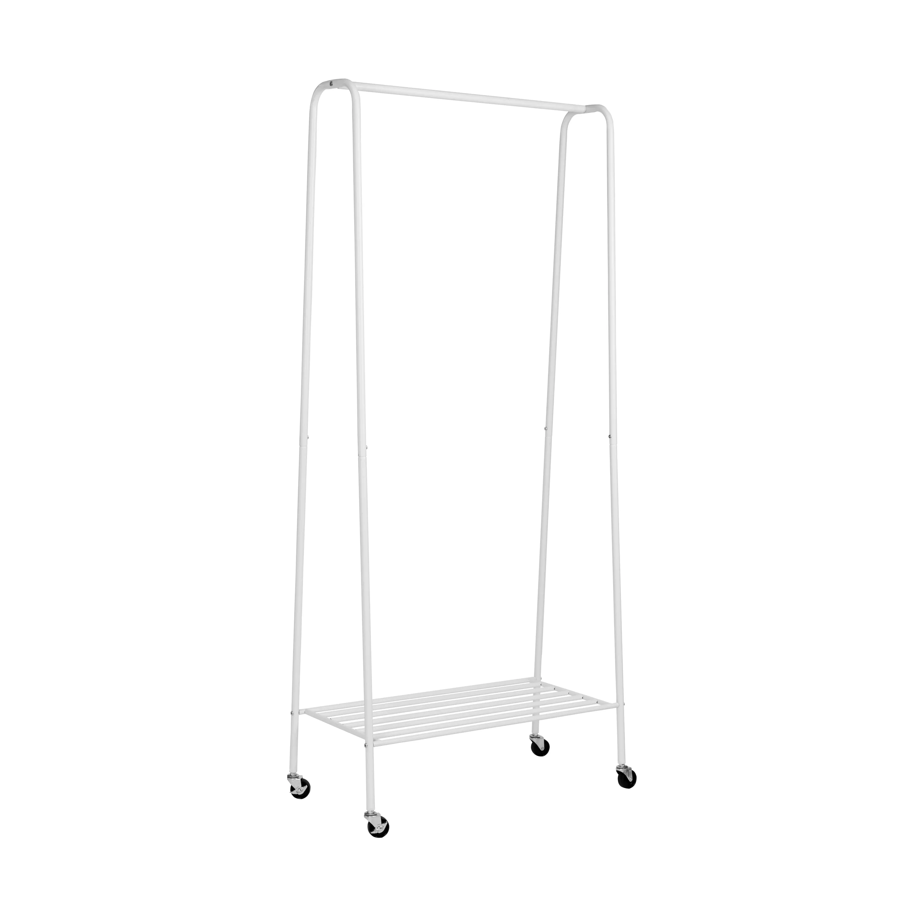 Matte White Metal Rolling Clothes Rack with Shelf