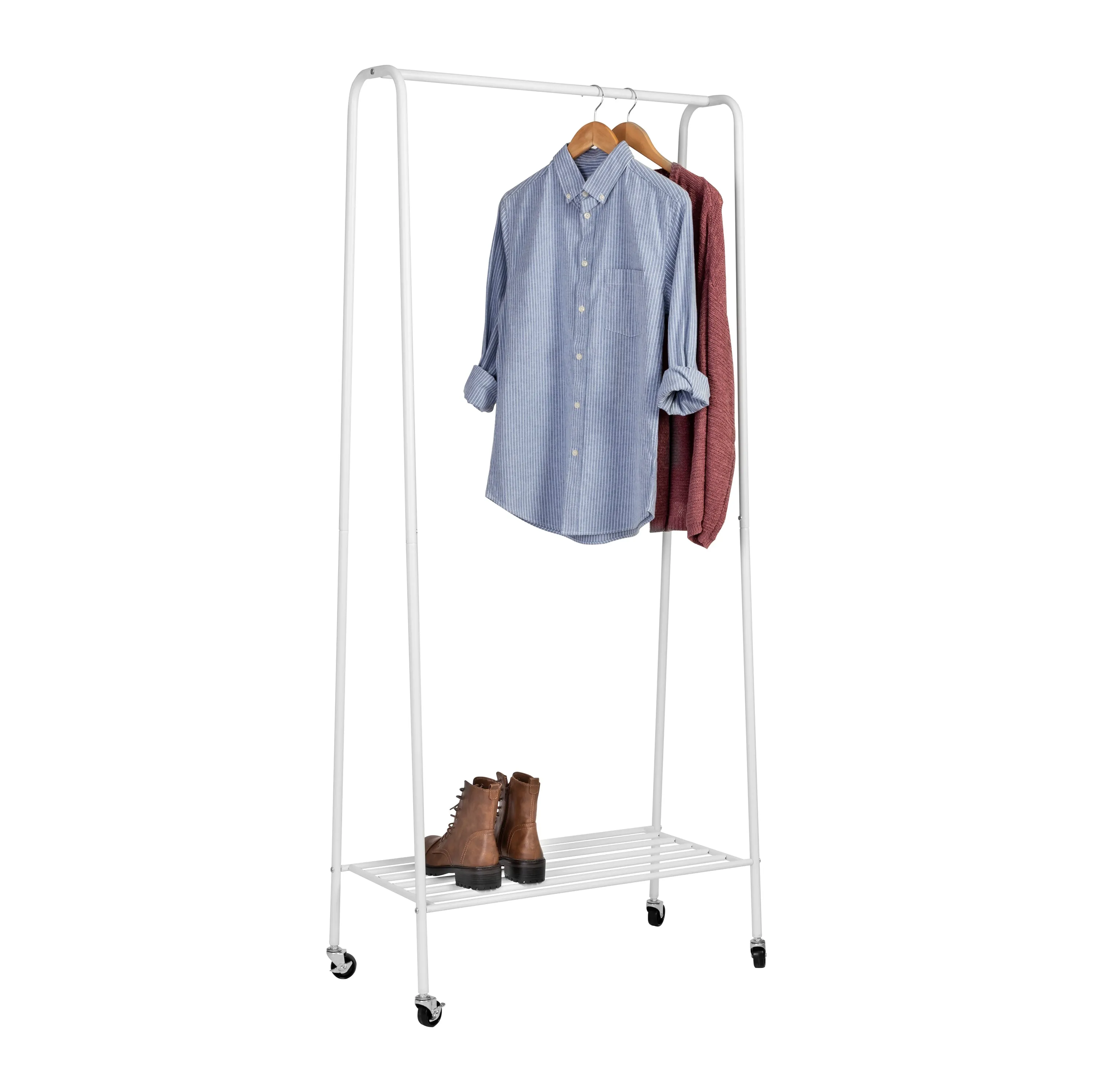 Matte White Metal Rolling Clothes Rack with Shelf