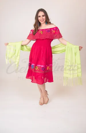 Mexican Campesina Midi Dress Hot Pink