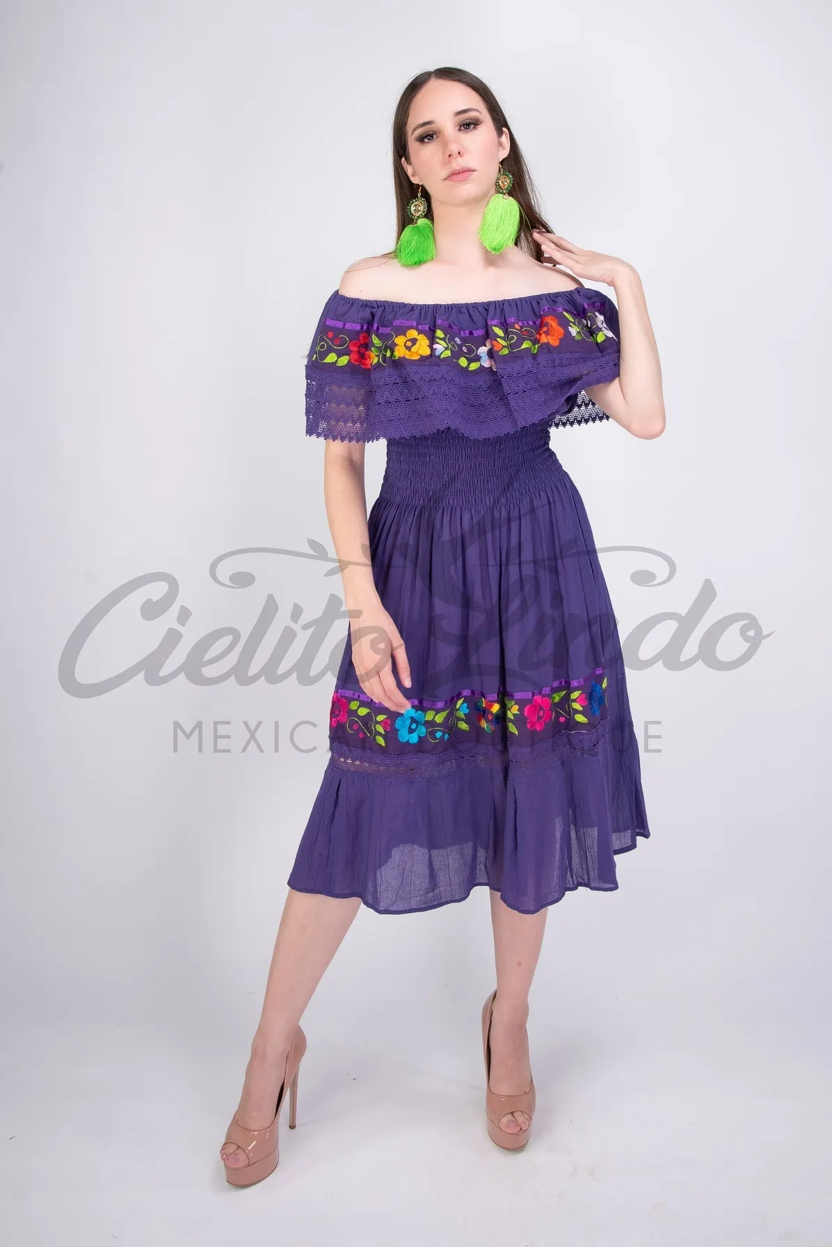 Mexican Campesina Midi Dress Purple