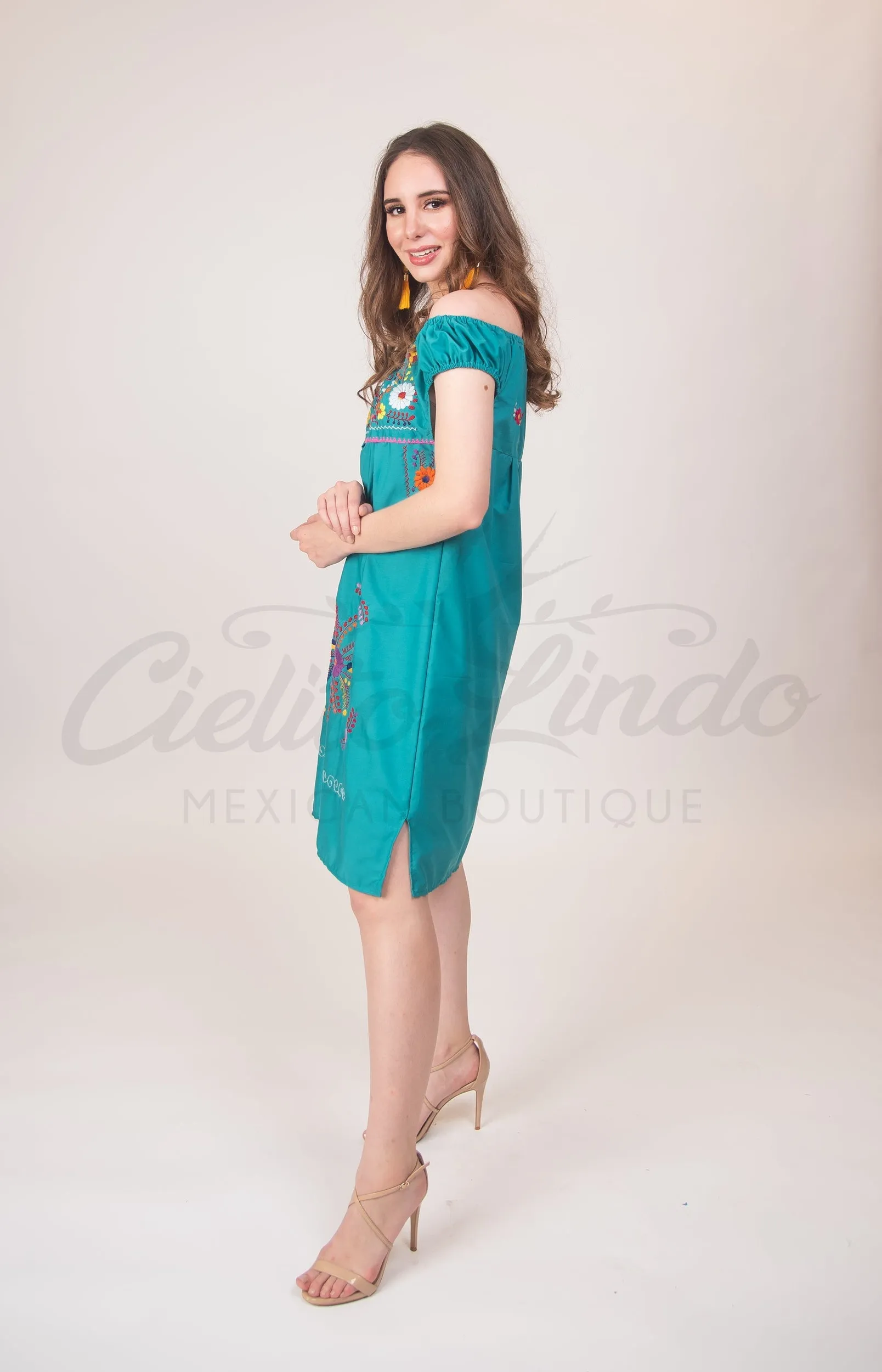 Mexican Floral Embroidered Off the Shoulder Dress Evelia Teal