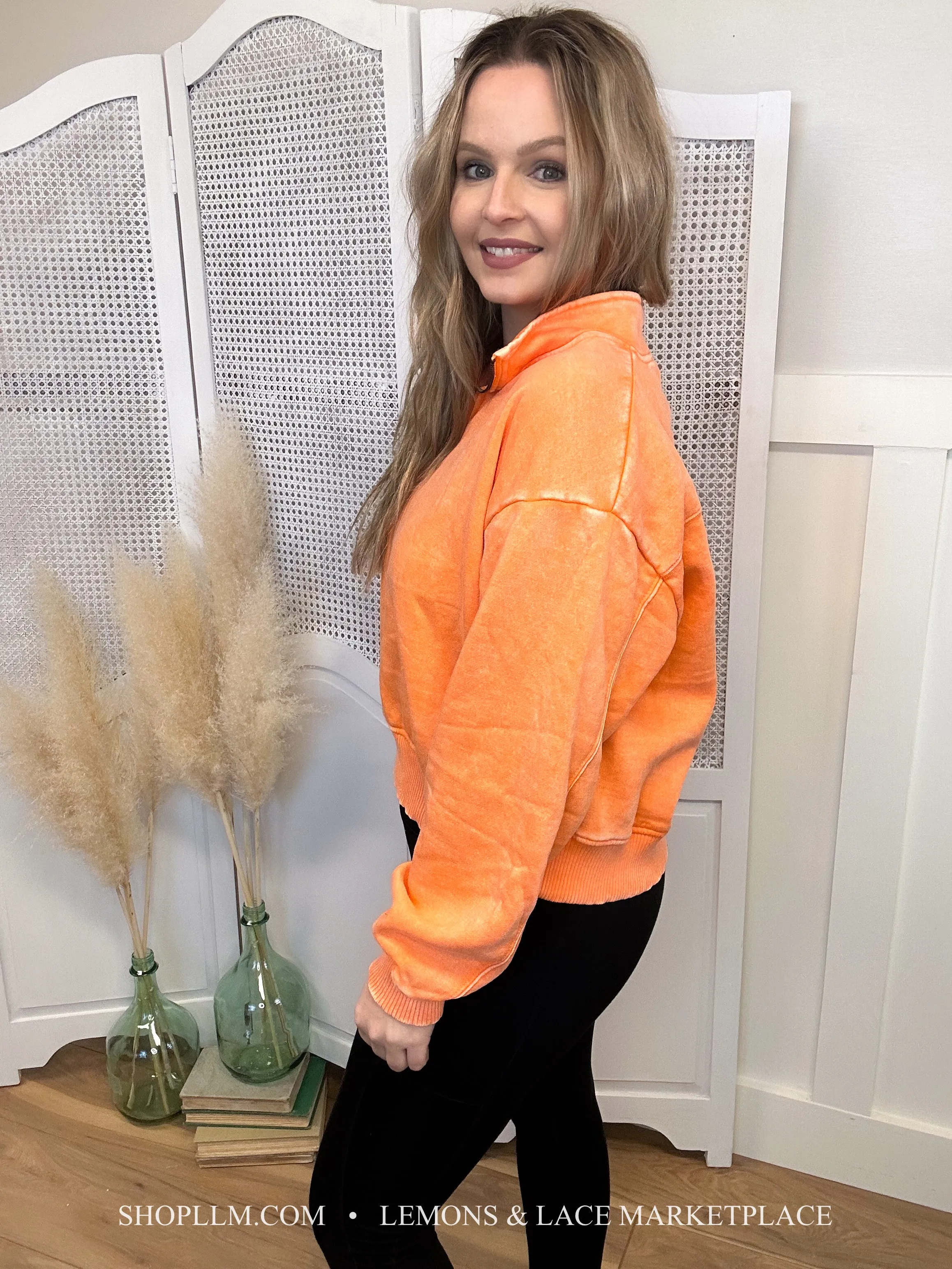 Orange Acid Wash Fleece Pullover