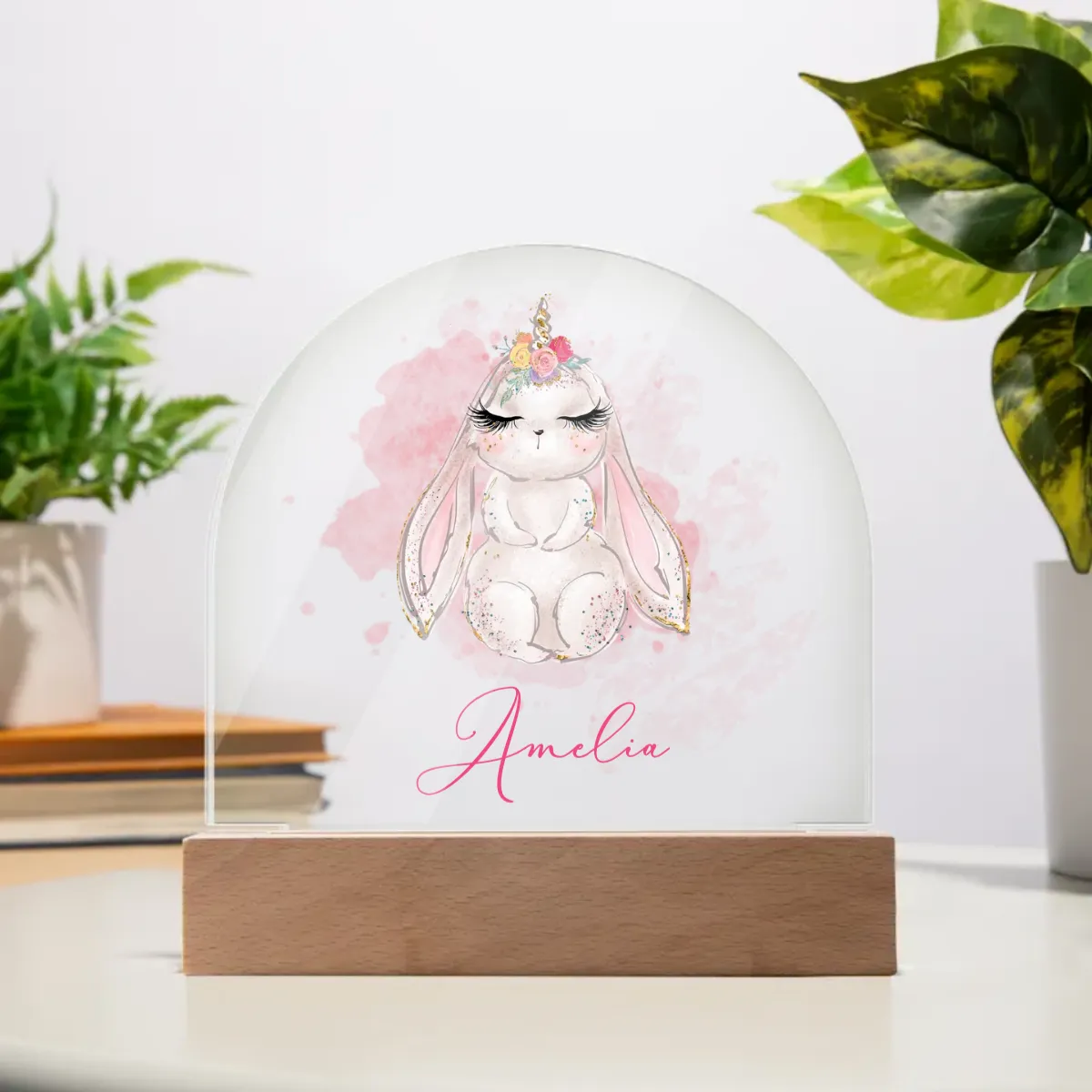 Personalised Unicorn Rabbit Acrylic Dome Plaque Wooden Base - Night Light