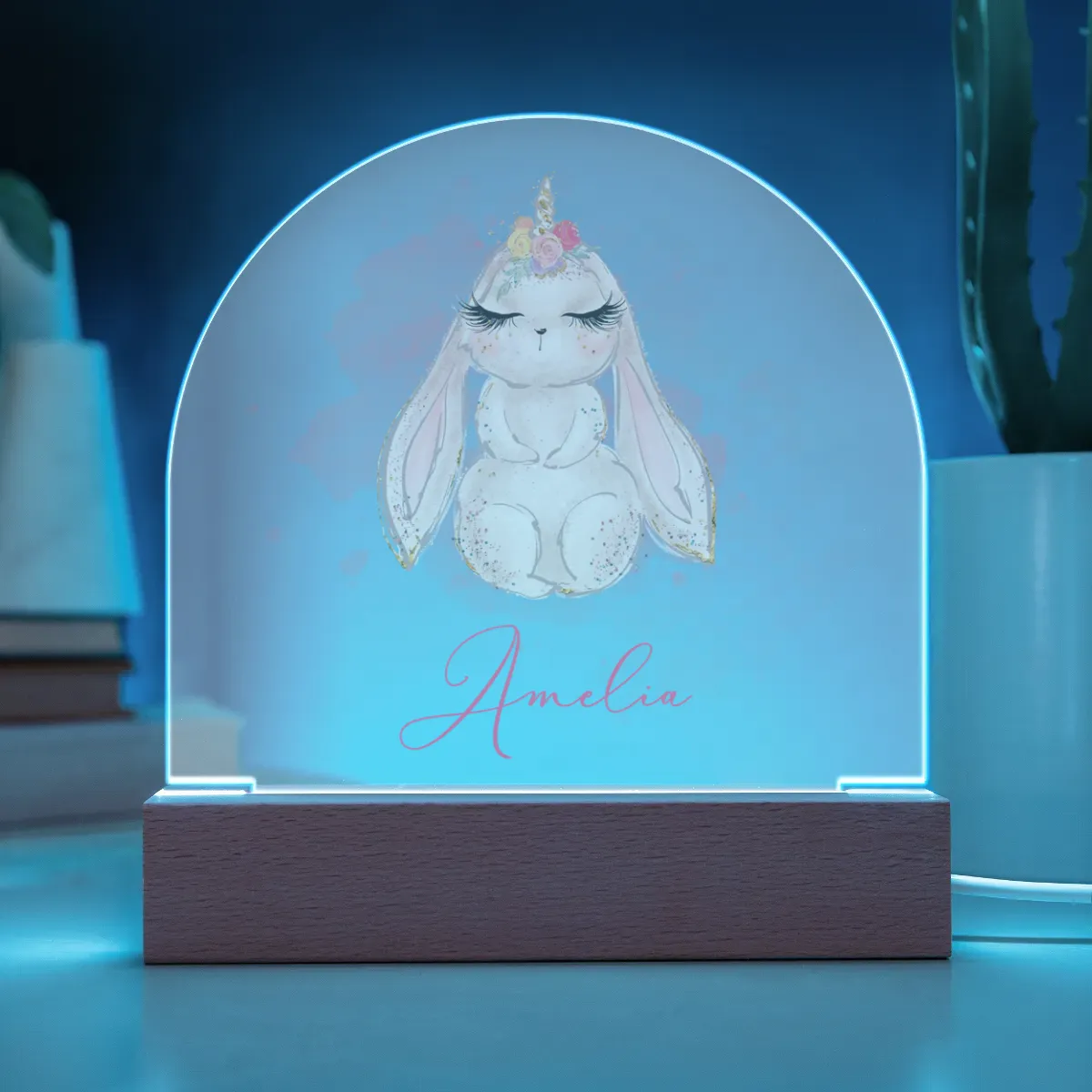 Personalised Unicorn Rabbit Acrylic Dome Plaque Wooden Base - Night Light