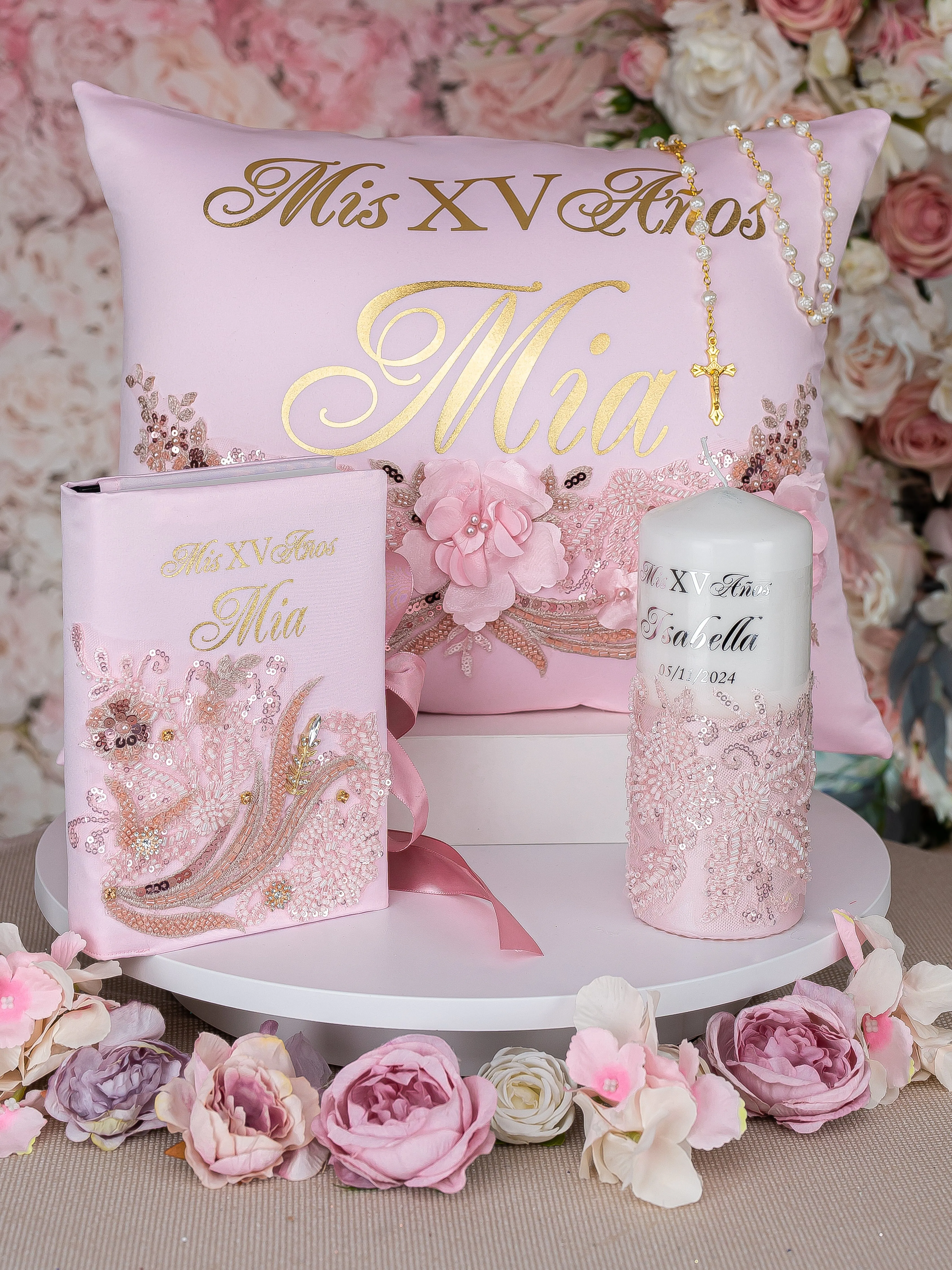 Pink Gold quinceanera guest book with pen