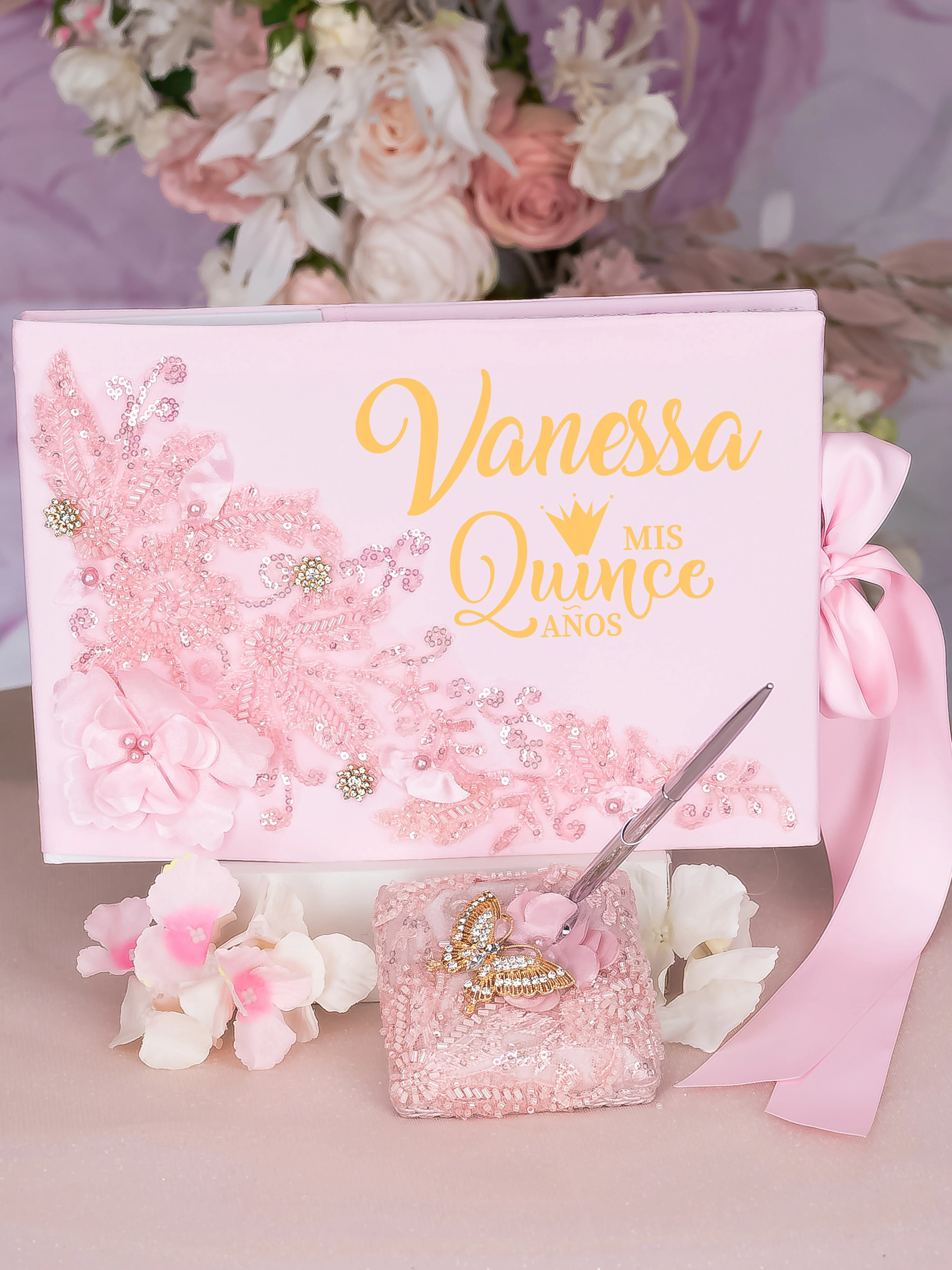 Pink Gold quinceanera guest book with pen